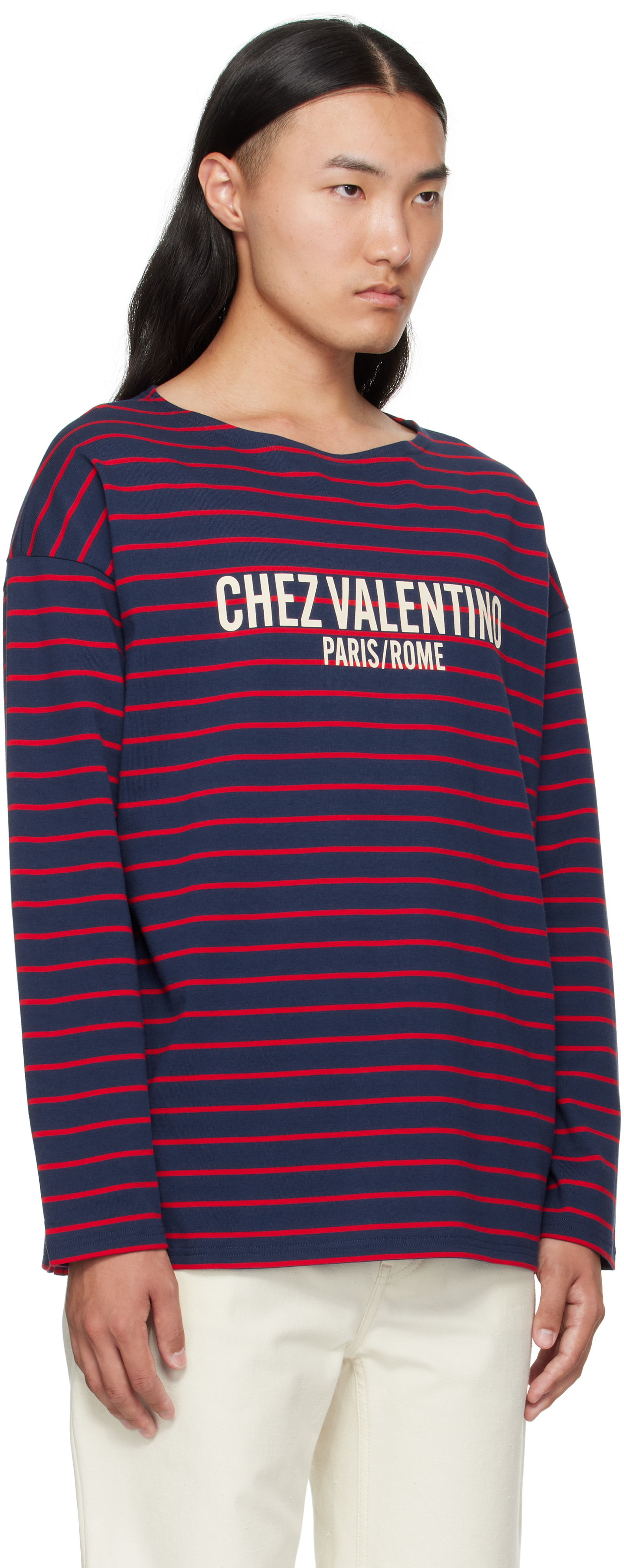 Valentino Red & Navy 'chez ' Print Long-sleeved Cotton T-shirt