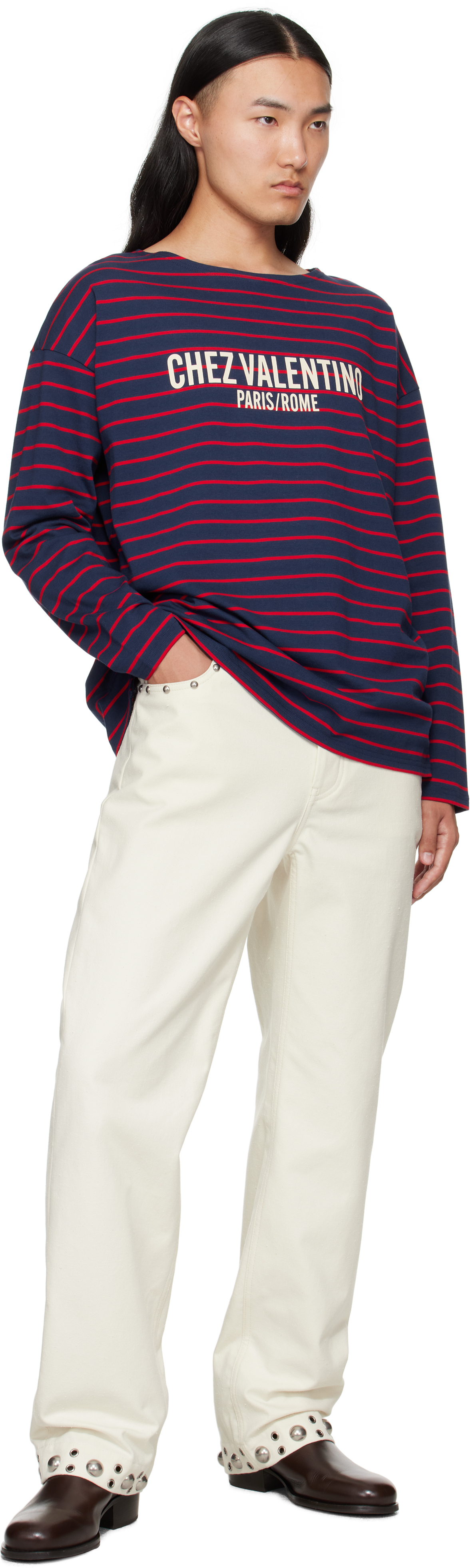 Valentino Red & Navy 'chez ' Print Long-sleeved Cotton T-shirt