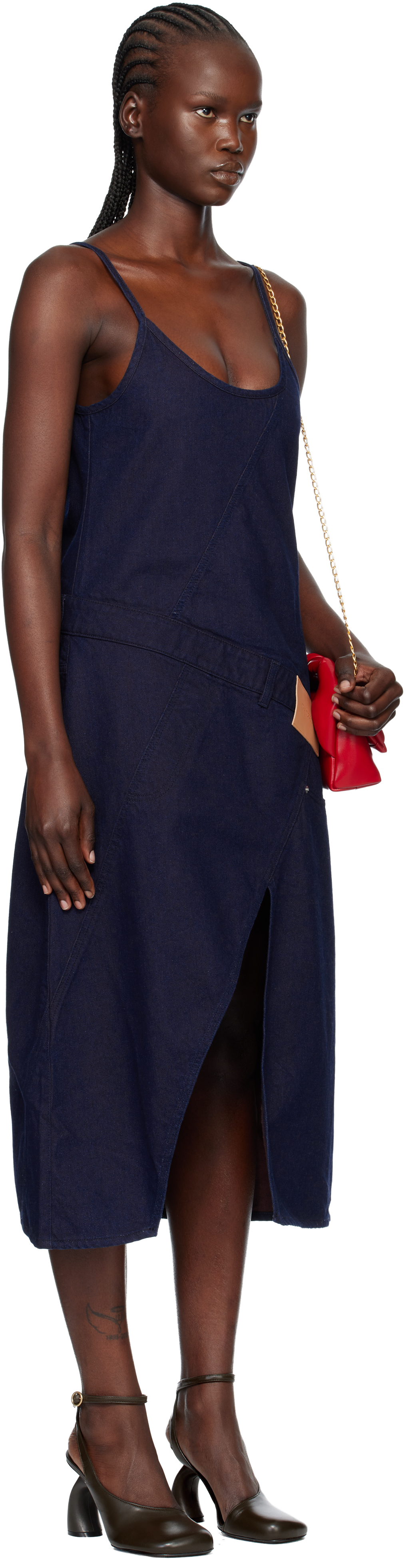 Jw Anderson Navy Twisted Workwear Denim Midi Dress In Blue
