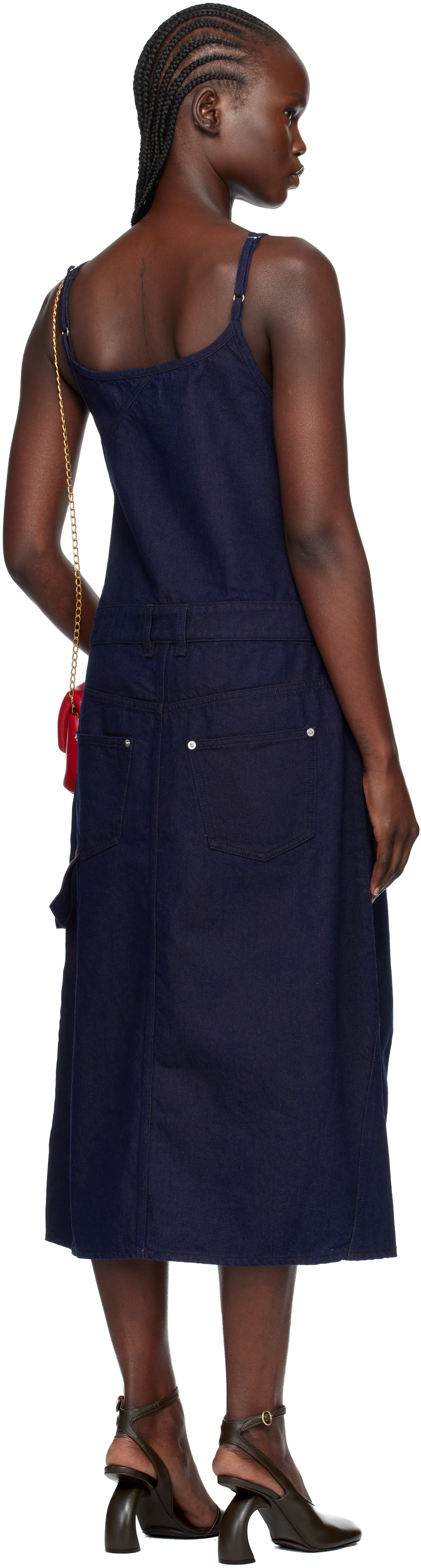 Jw Anderson Navy Twisted Workwear Denim Midi Dress In Blue