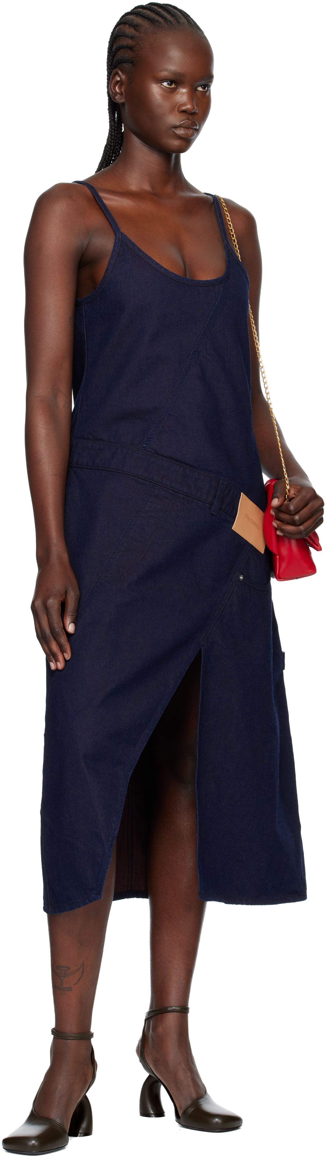 Jw Anderson Navy Twisted Workwear Denim Midi Dress In Blue