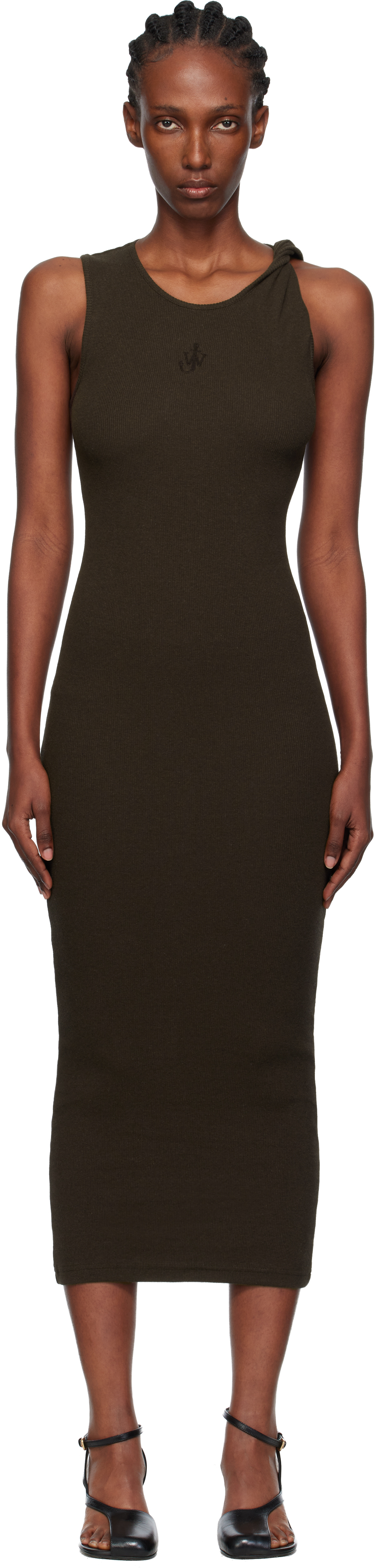 Jw Anderson Brown Anchor Embroidery Twisted Strap Maxi Dress In Green