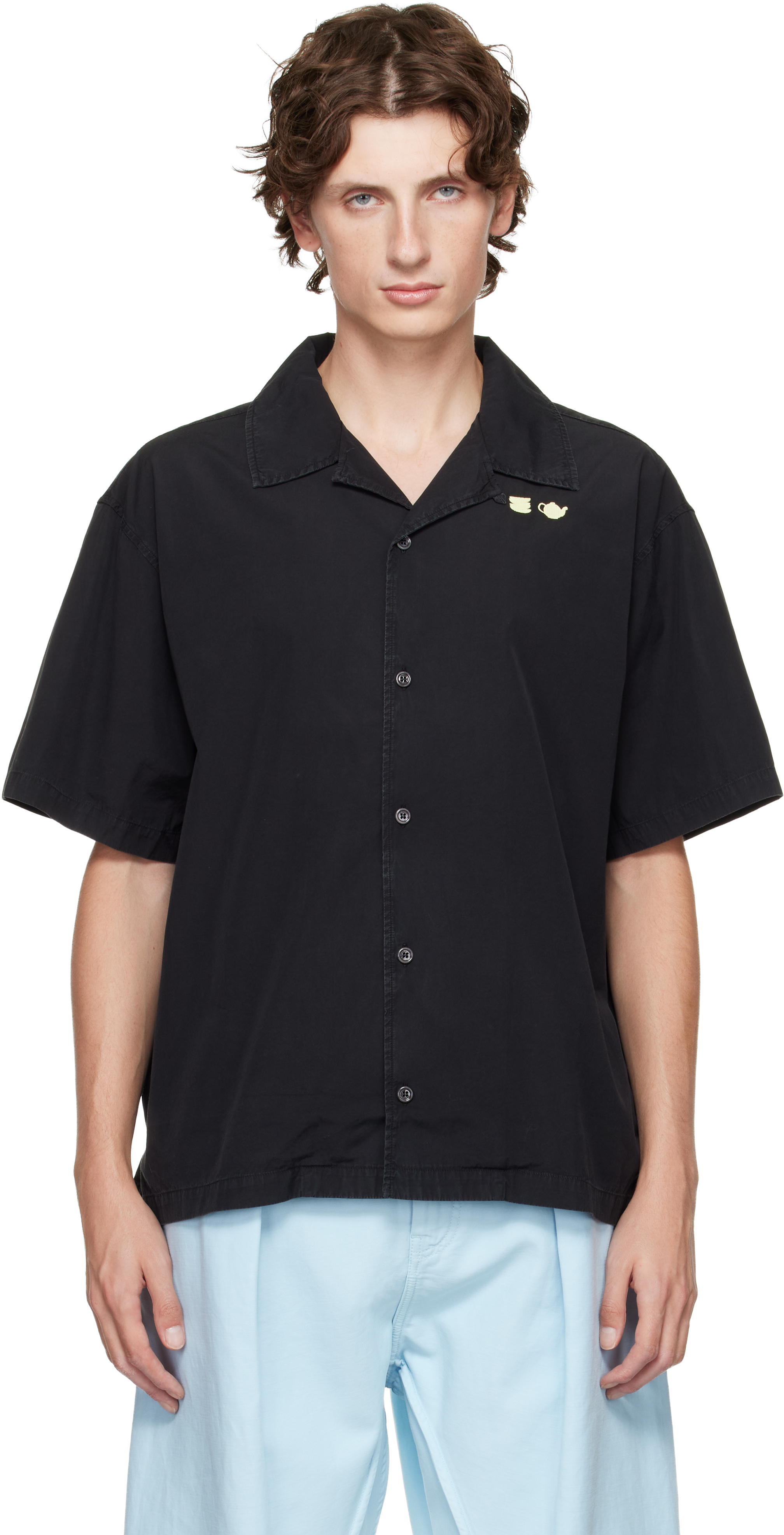 Jw Anderson Black Contrast Embroidery Short Sleeve Shirt In Black
