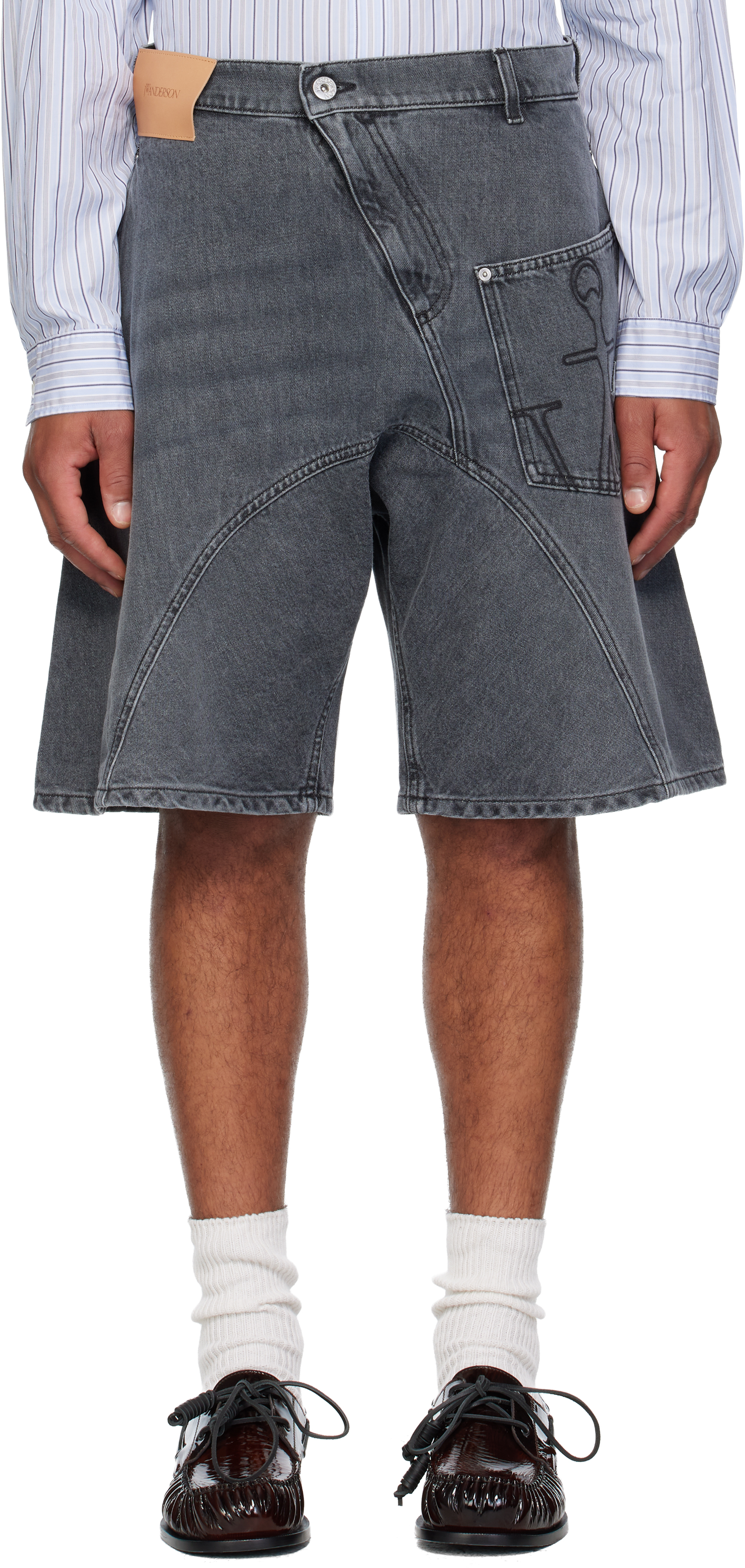 Jw Anderson Gray Twisted Workwear Denim Shorts In Animal Print