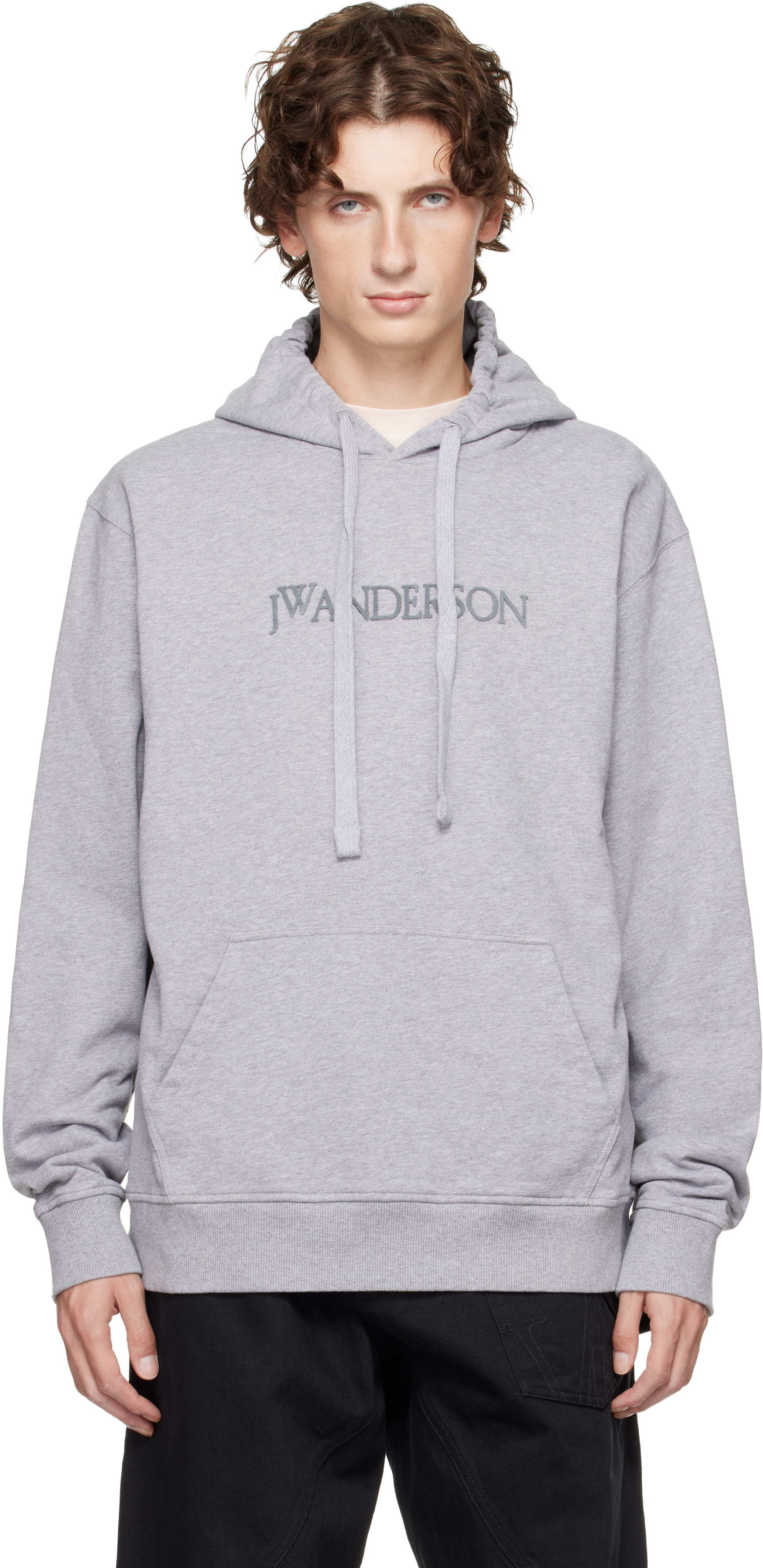 JW Anderson: Gray Logo Embroidery Hoodie | SSENSE