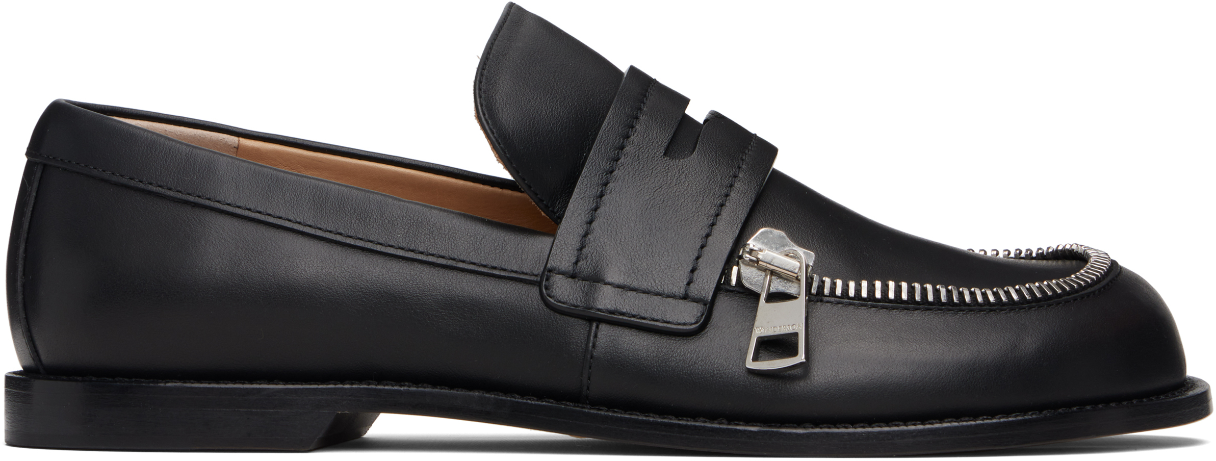 Jw Anderson Leather Loafers With Round Toe And Zipper Detail In Black