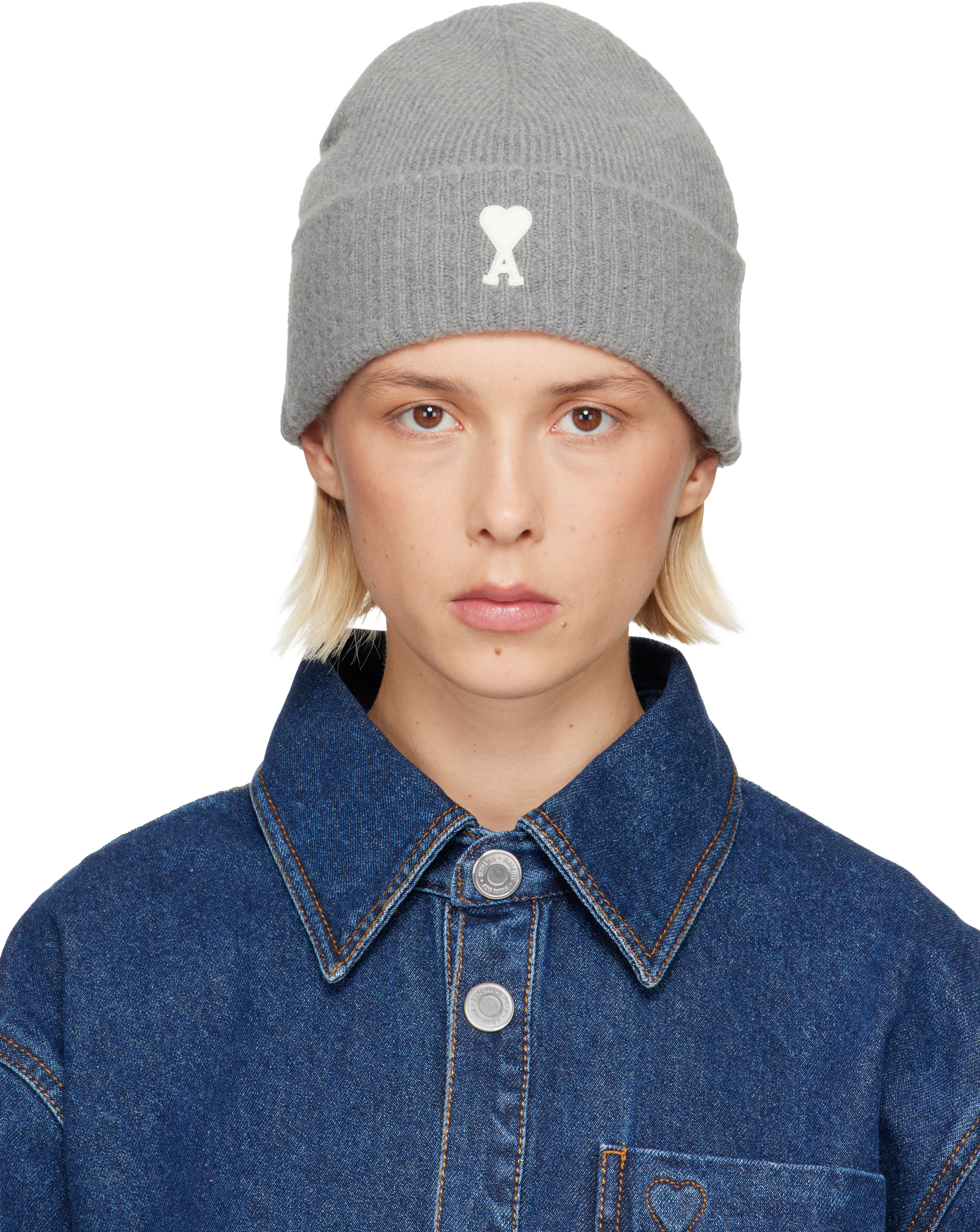 Gray Alpaca Striped Ami de Coeur Beanie by AMI Paris on Sale