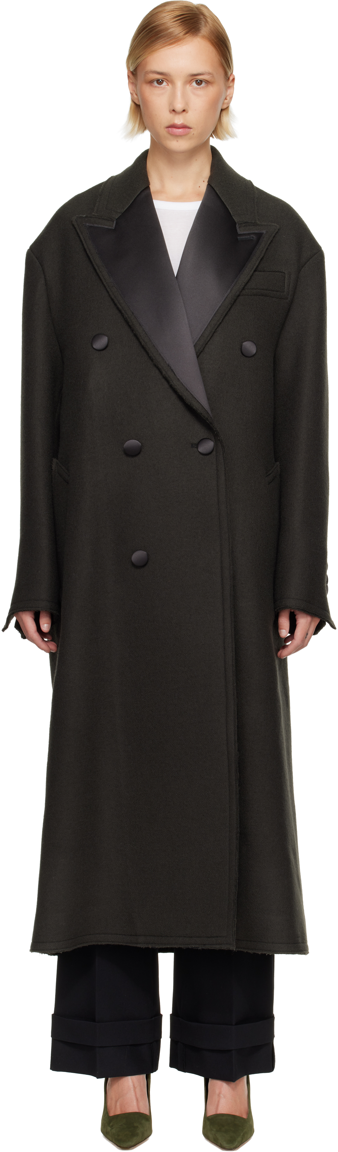 AMI Parisのブラック ウール スモッキング ダブルブレスト コートが