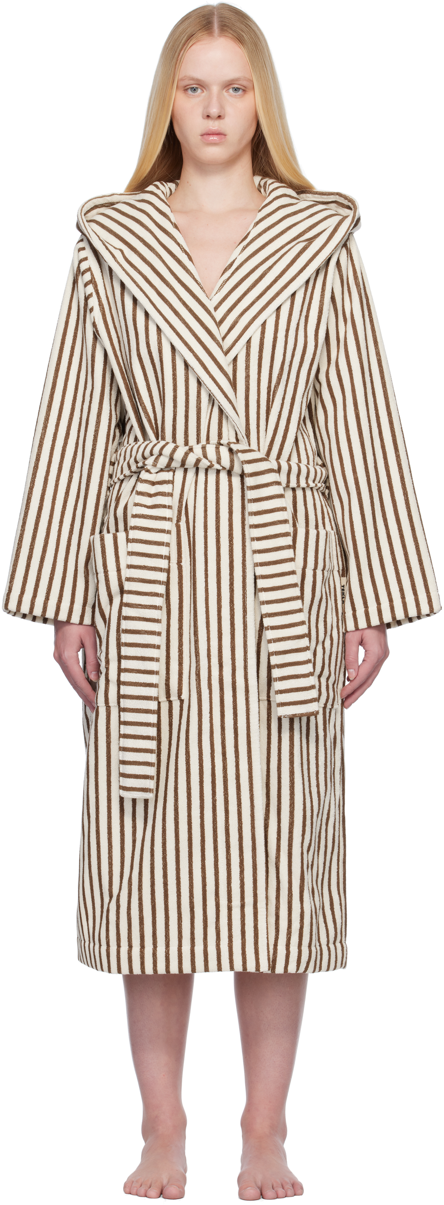 Off-White & Brown Terry Hooded Bathrobe
