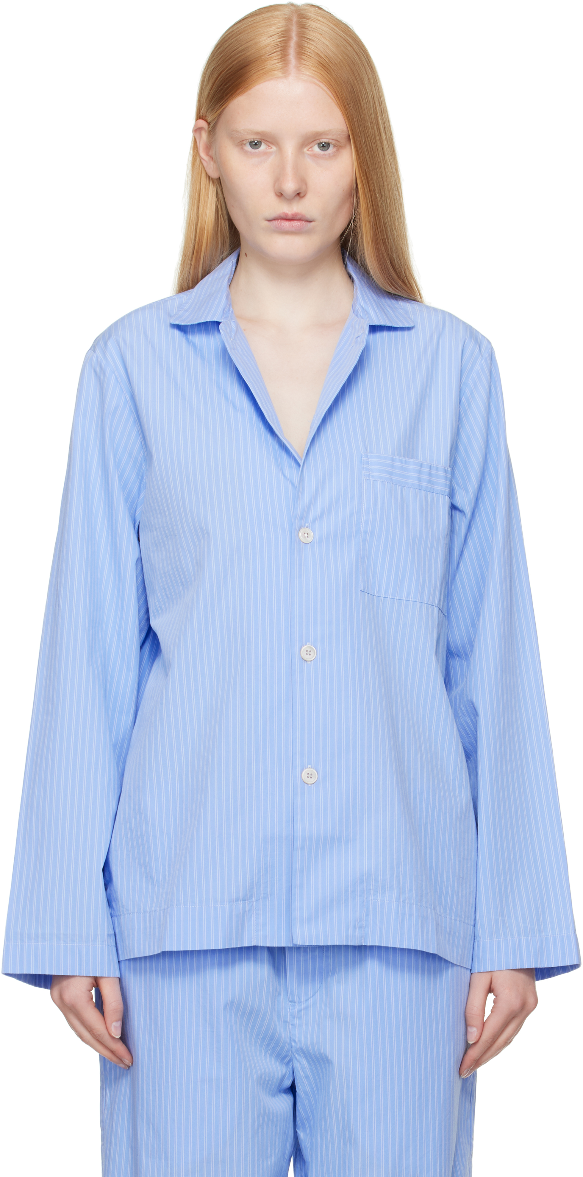 Blue Poplin Long-Sleeved Pyjama Shirt