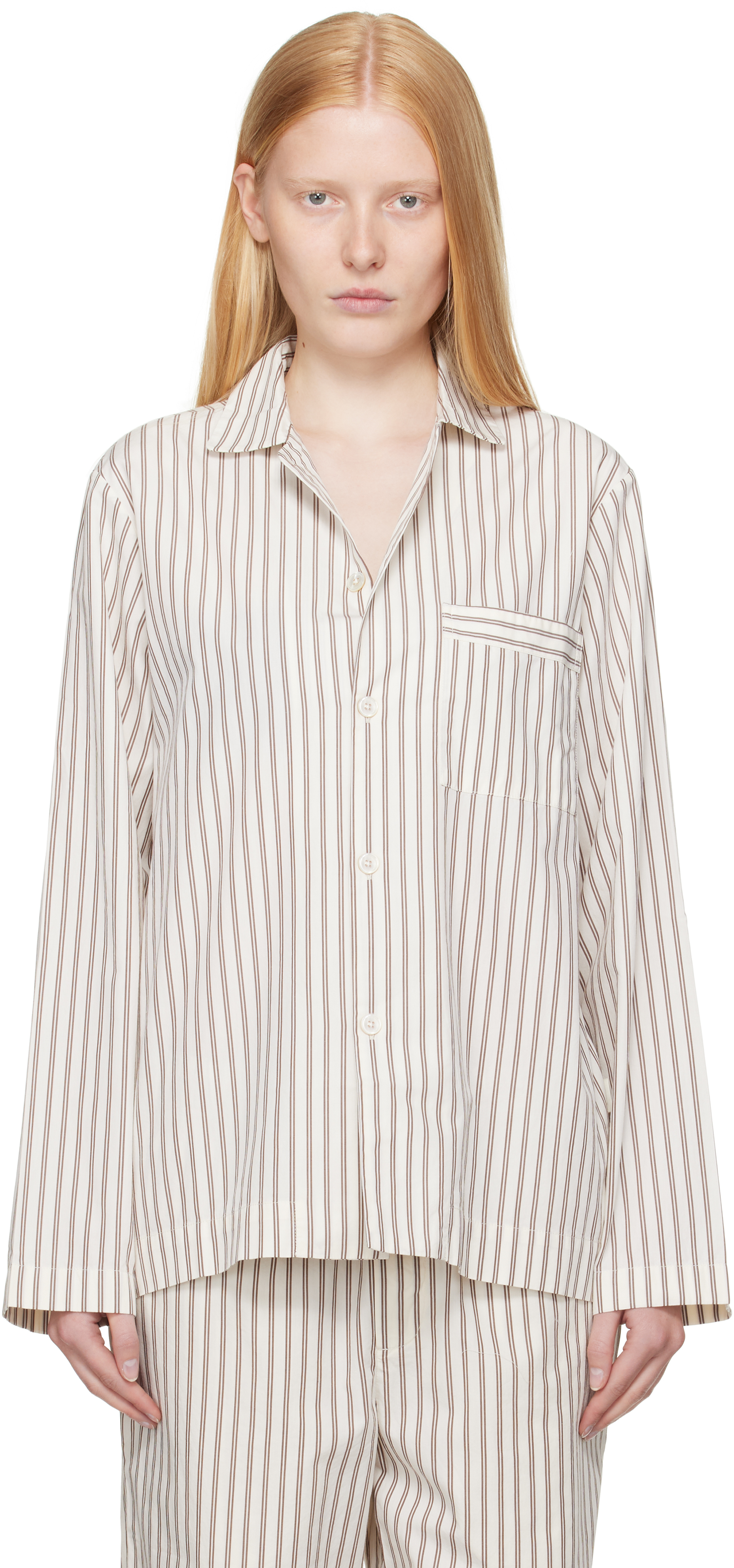 Tekla Off-white & Brown Poplin Long-sleeved Pyjama Shirt