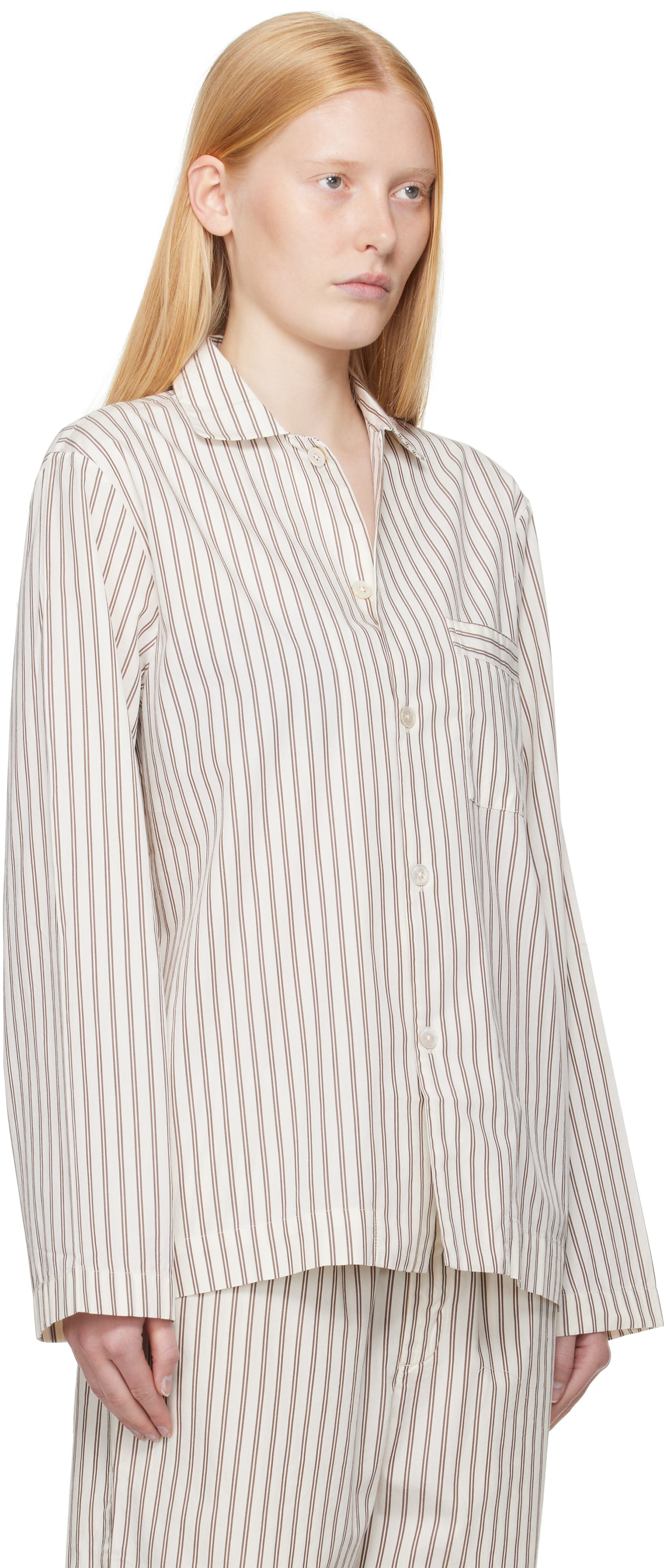 Tekla Off-white & Brown Poplin Long-sleeved Pyjama Shirt
