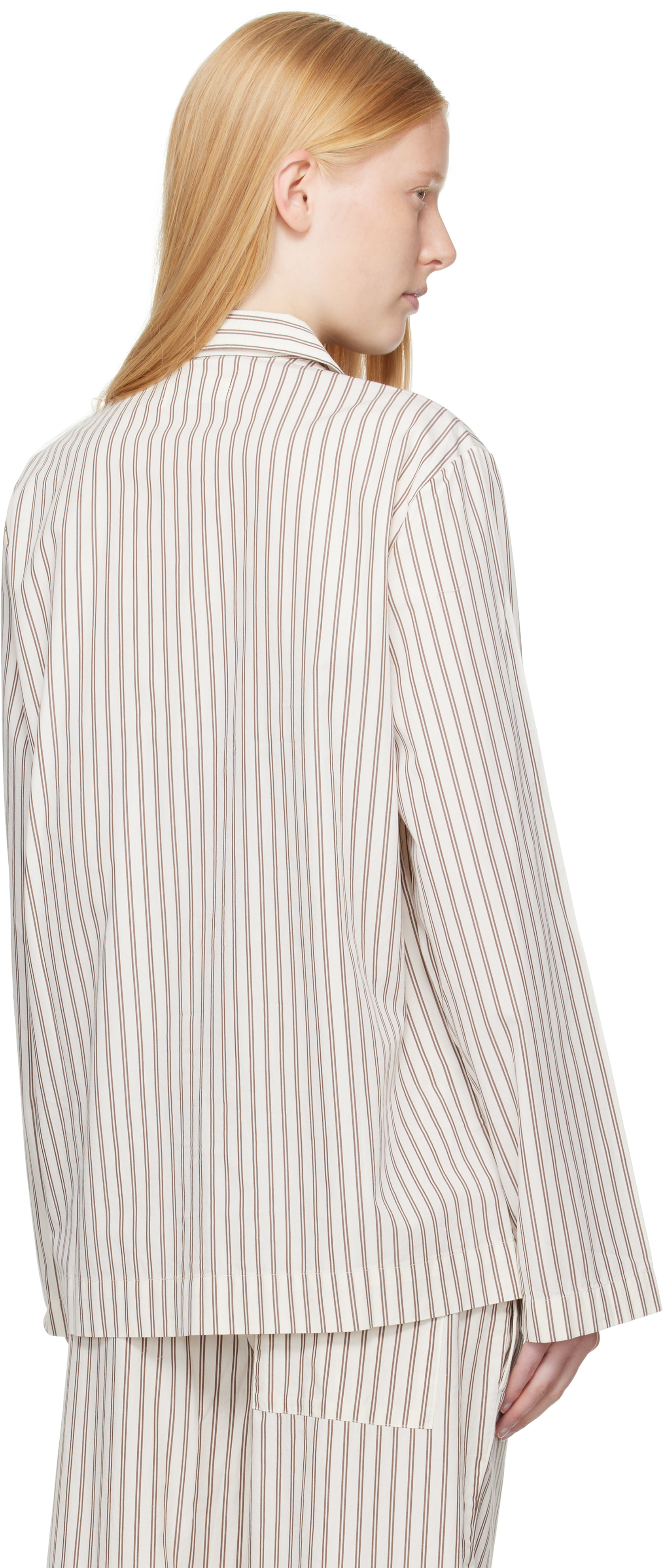 Tekla Off-white & Brown Poplin Long-sleeved Pyjama Shirt