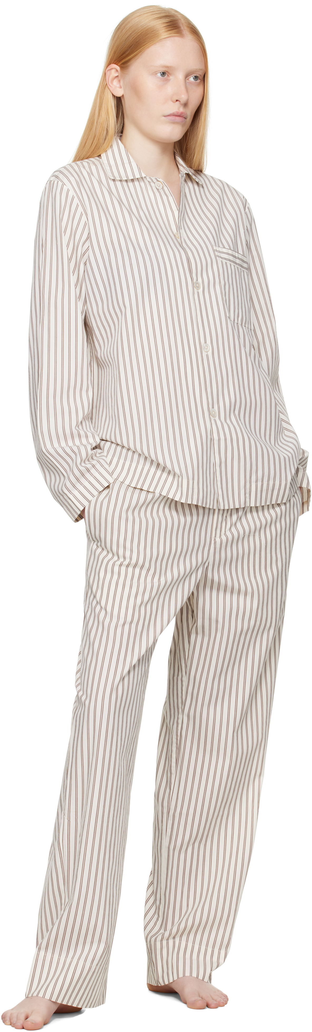 Tekla Off-white & Brown Poplin Long-sleeved Pyjama Shirt