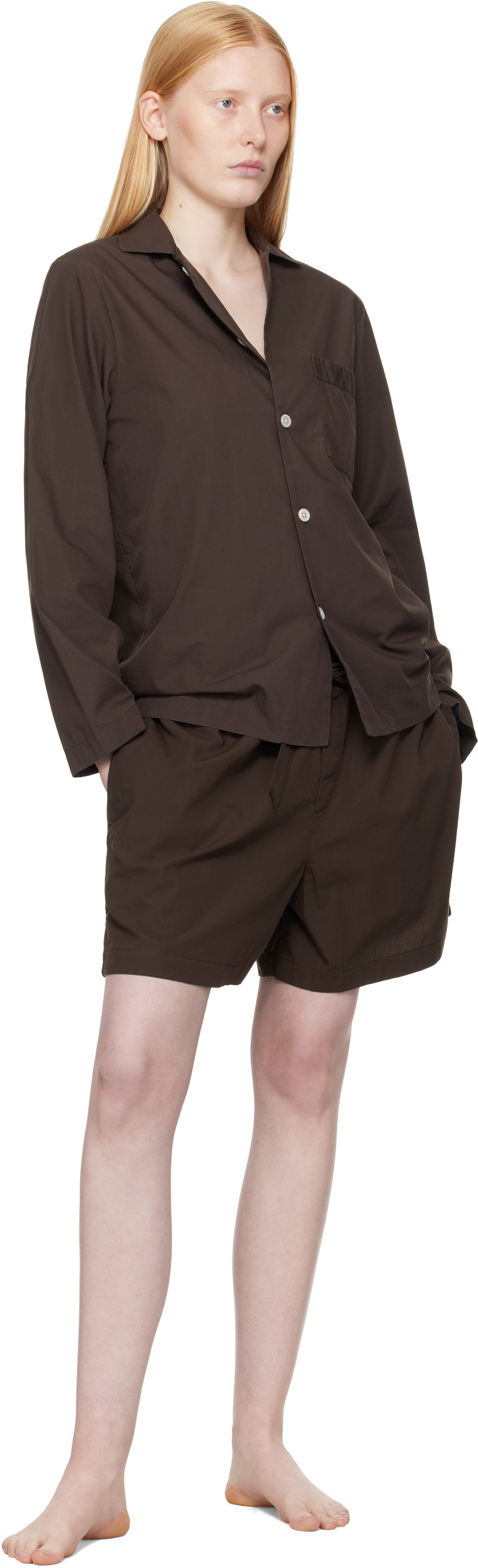 Tekla Brown Poplin Pyjama Shorts