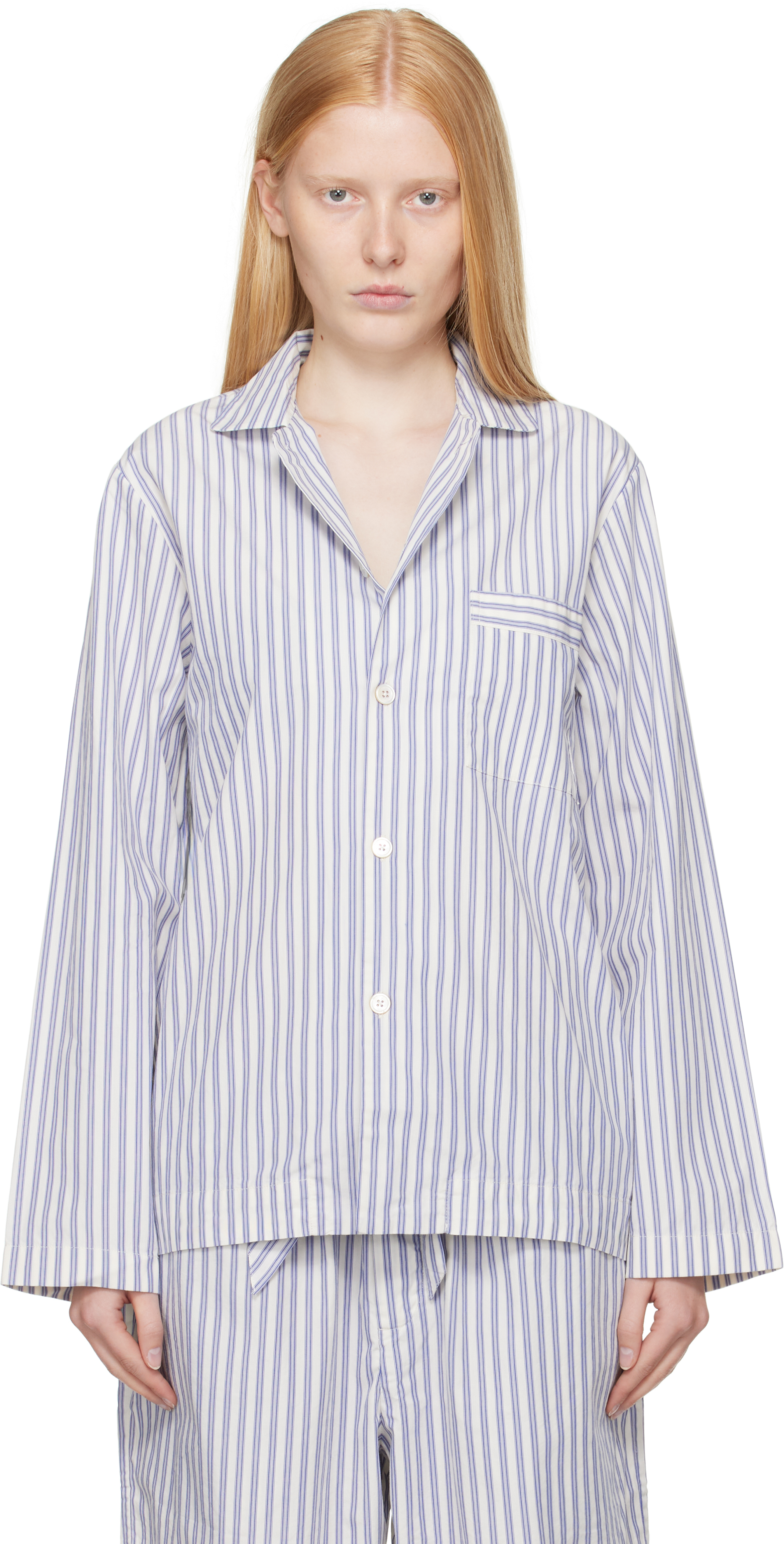 White & Blue Poplin Long-Sleeved Pyjama Shirt