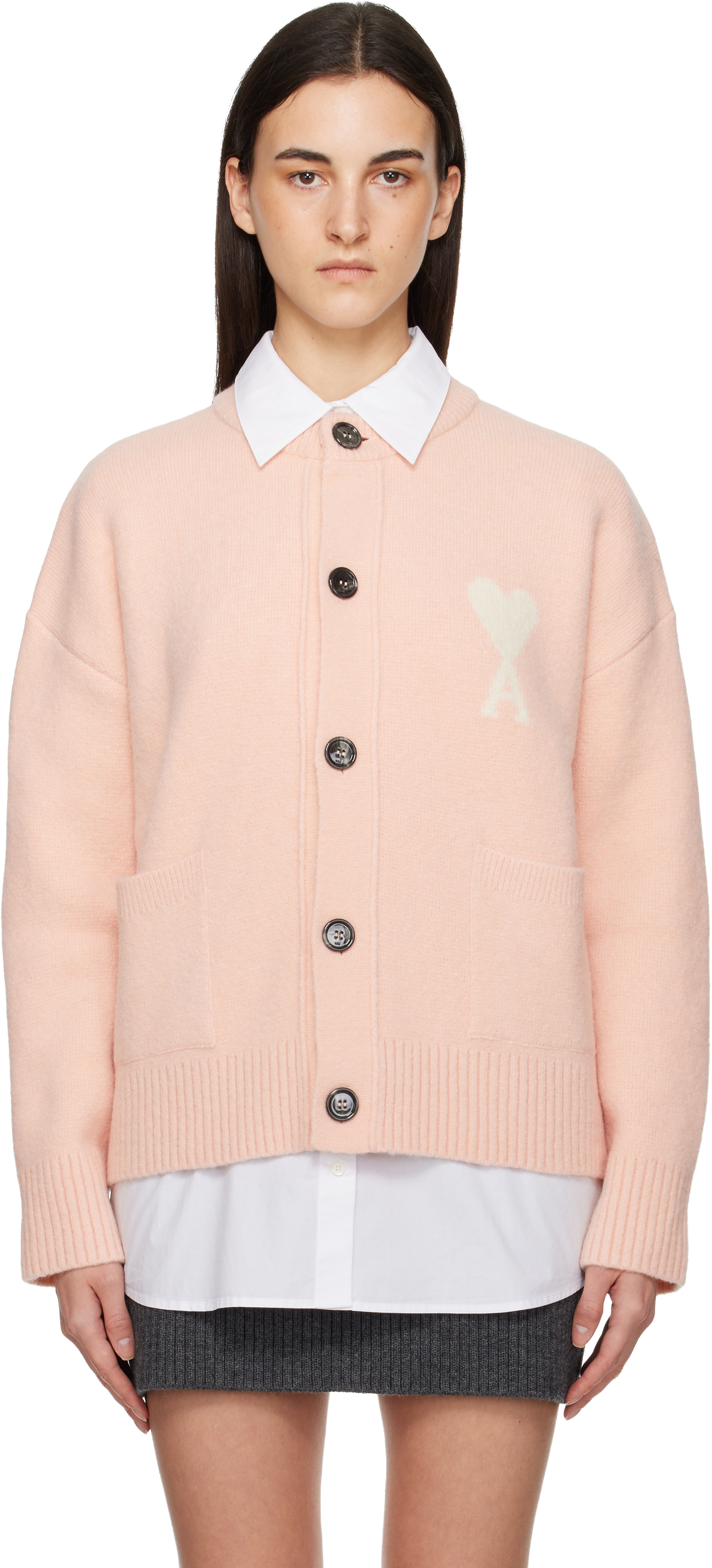 AMIParis ピンク アルパカ AMI DE COEUR カーディガン Pink Alpaca Ami de Coeur Cardigan by AMI Paris on Sale