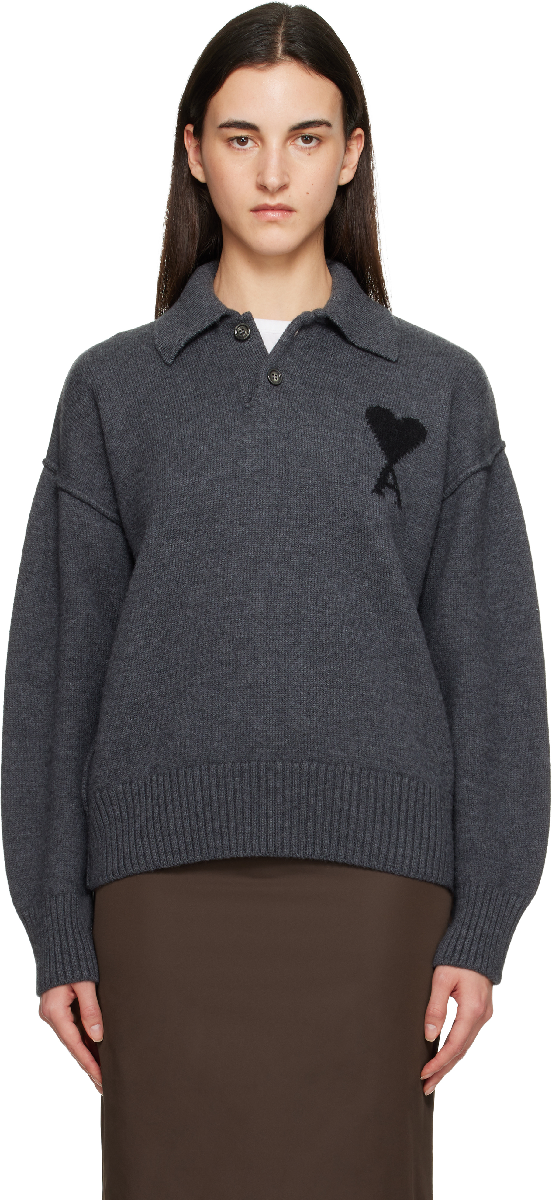 Ami Alexandre Mattiussi Gray Wool 'ami De Coeur' Polo