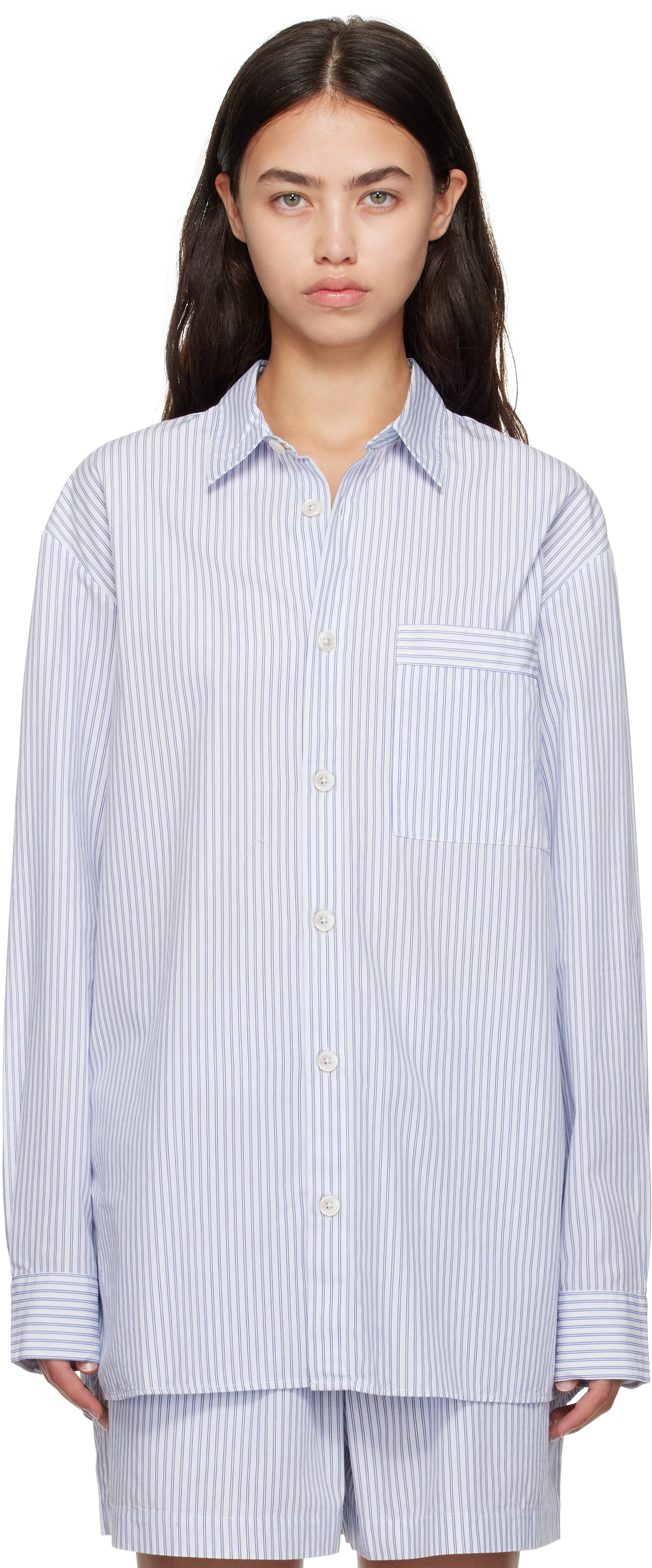 Tekla White & Blue Poplin Long-sleeved Pyjama Shirt