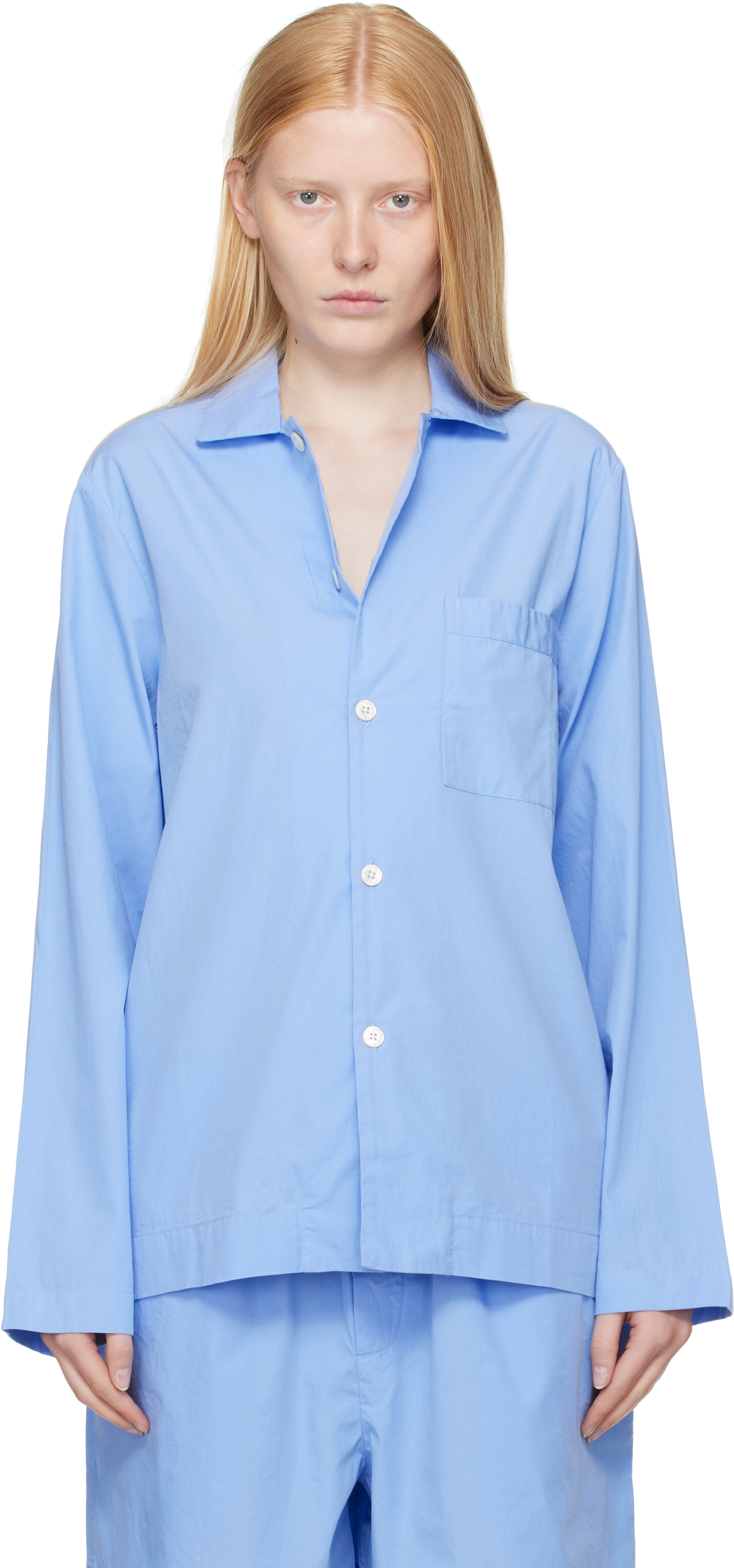 Blue Poplin Long-Sleeved Pyjama Shirt