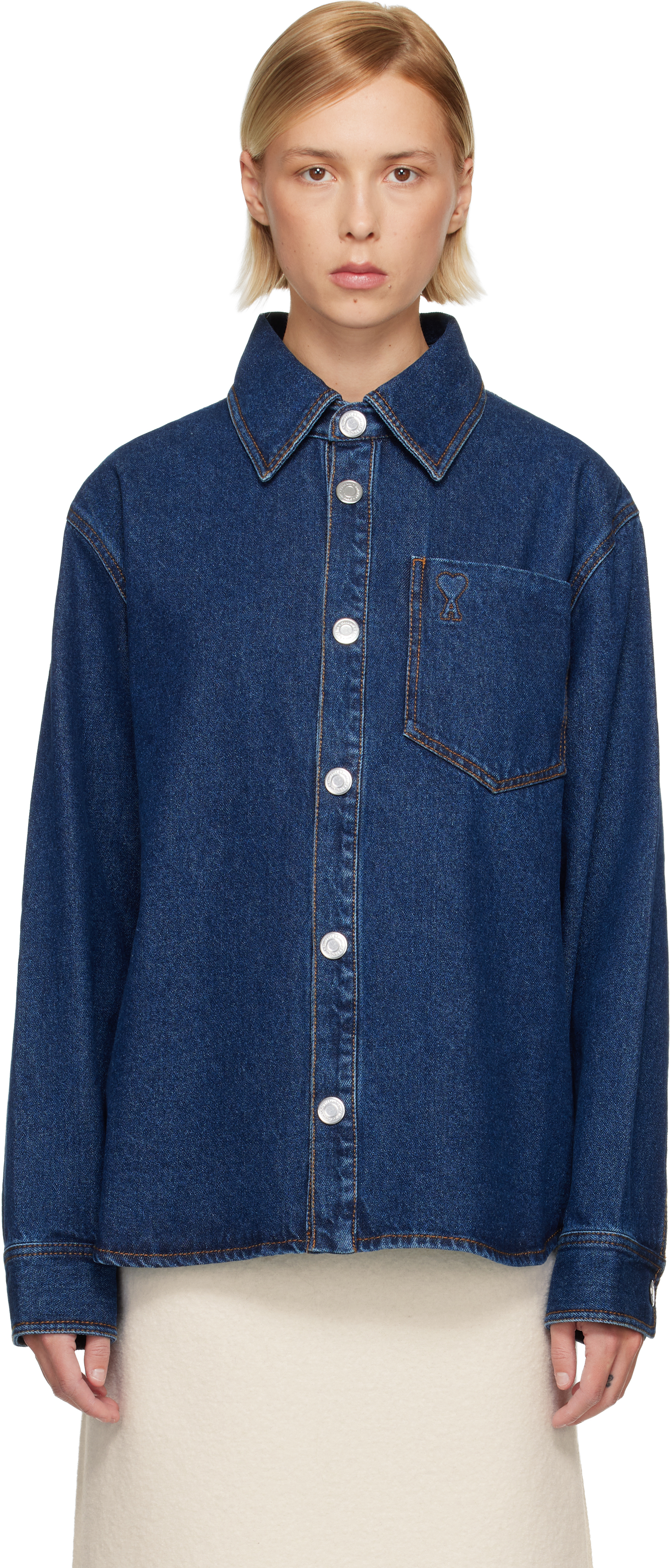 Blue Cotton Ami de Coeur Denim Overshirt by AMI Paris on Sale
