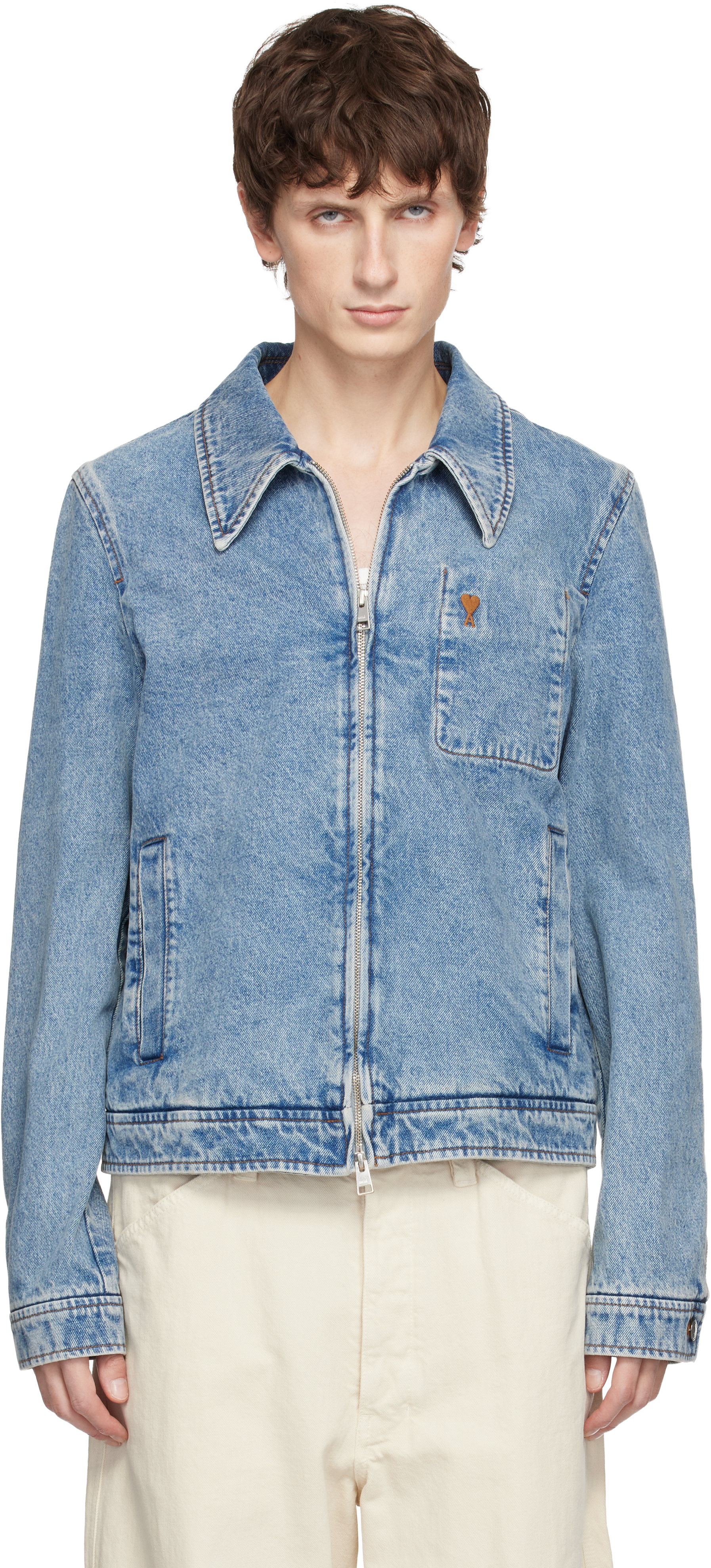 AMI Paris: Blue Cotton Ami de Coeur Zipped Denim Jacket | SSENSE