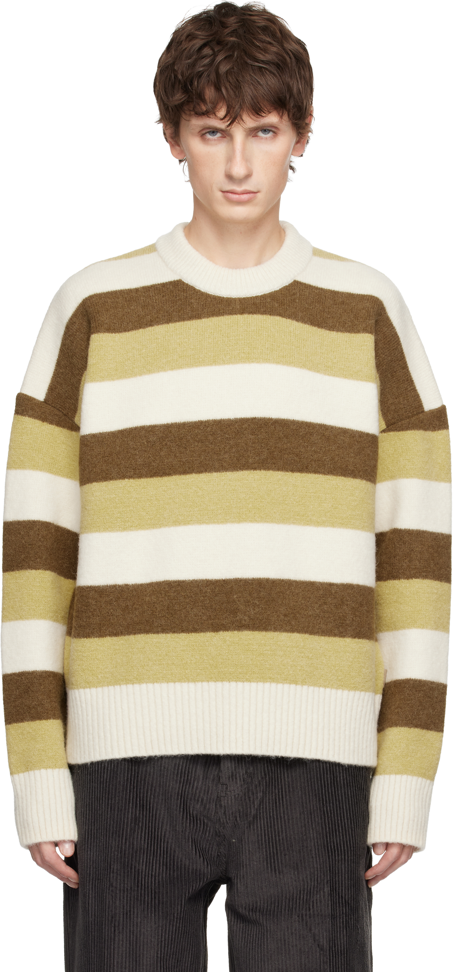 AMI Parisのブラウン＆カーキ アルパカ ボーダー クルーネックセーター