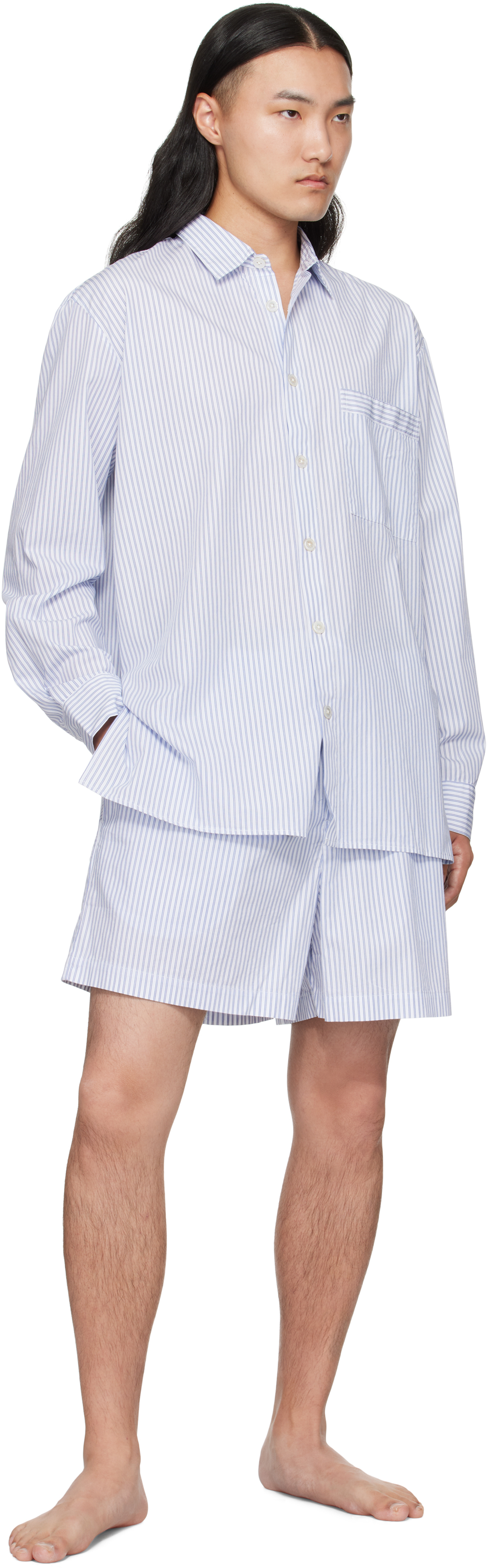 Tekla White & Blue Poplin Pyjama Shorts In Blue