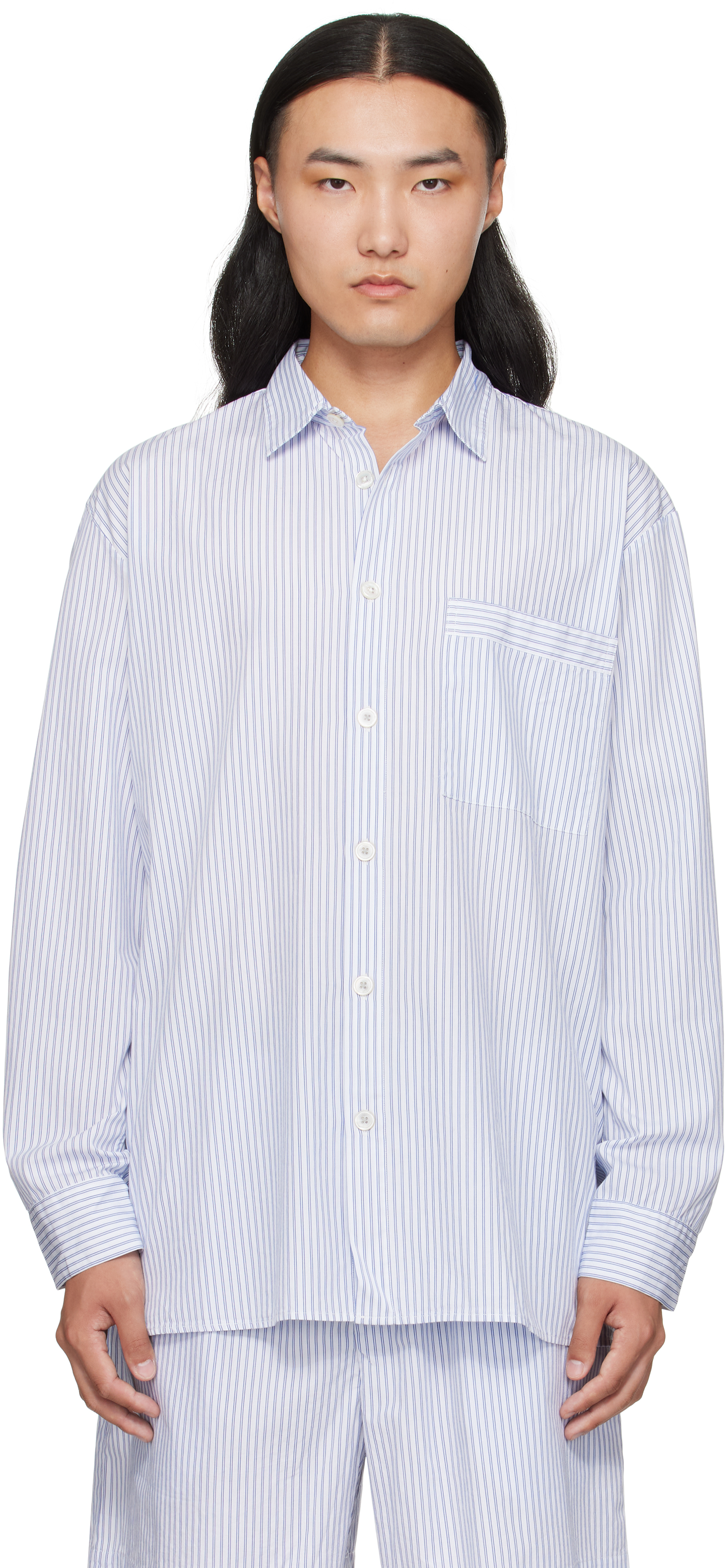 White & Blue Poplin Long-Sleeved Pyjama Shirt
