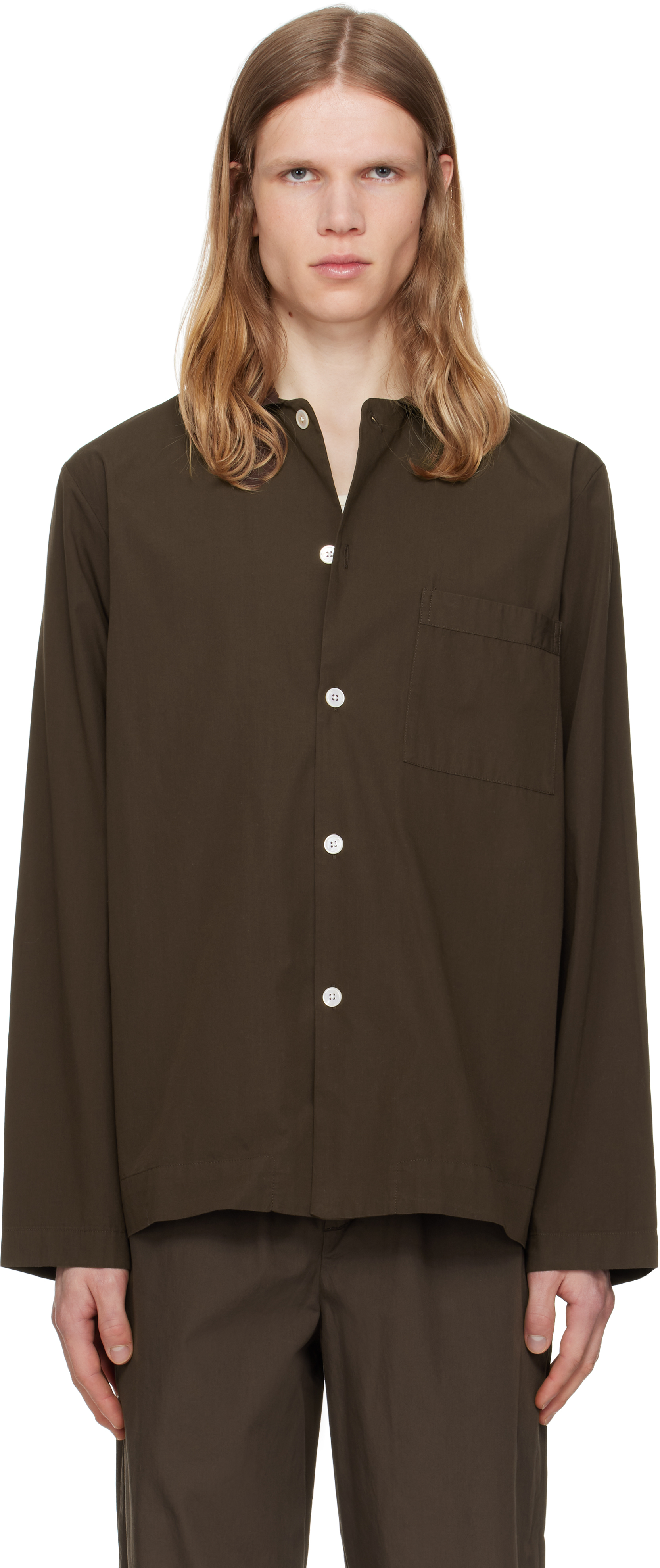 Brown Poplin Long-Sleeved Pyjama Shirt