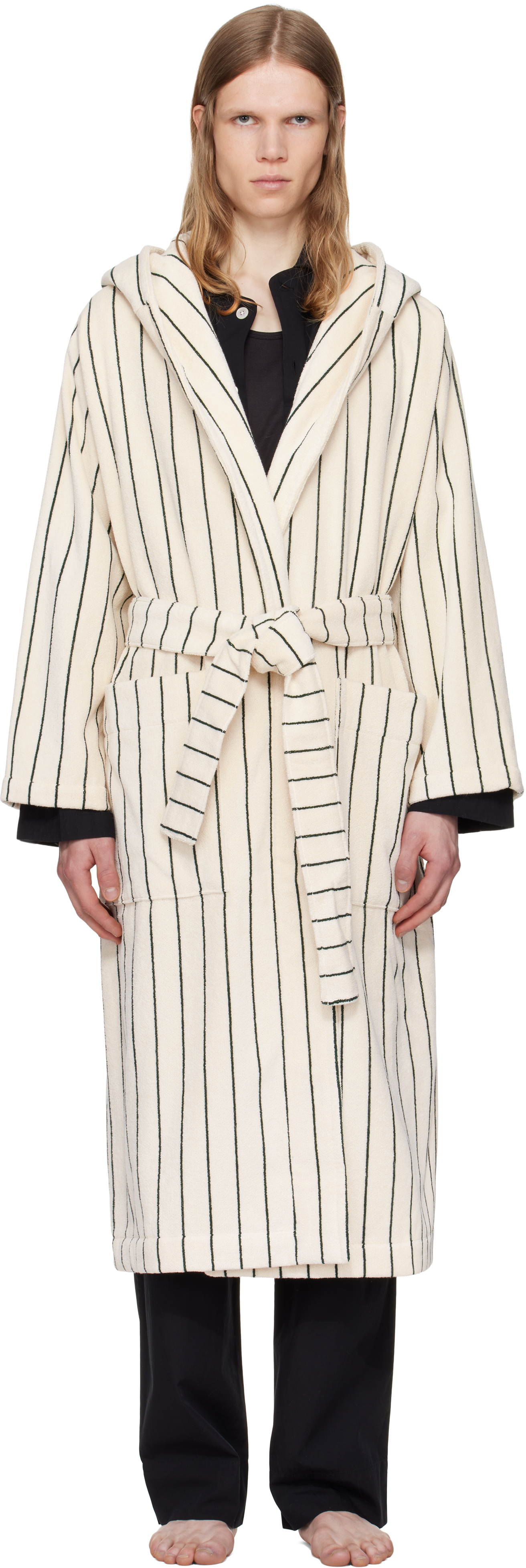 Off-White & Green Terry Hooded Bathrobe