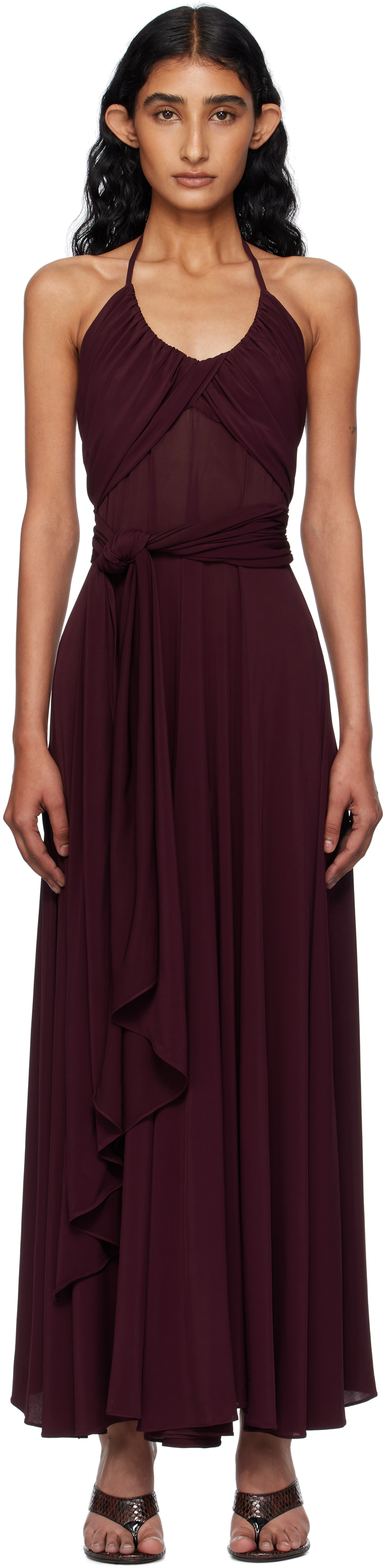 ALAÏA Burgundy Soft Jersey Cross Maxi Dress