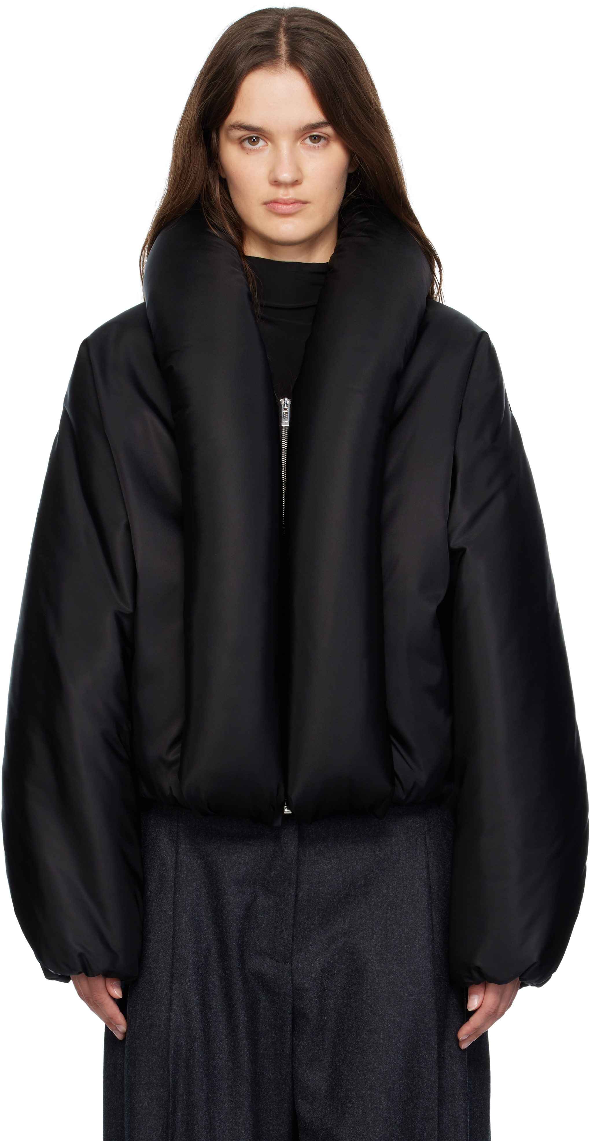 ALAÏA: Black Taffeta Padded Bomber Jacket | SSENSE