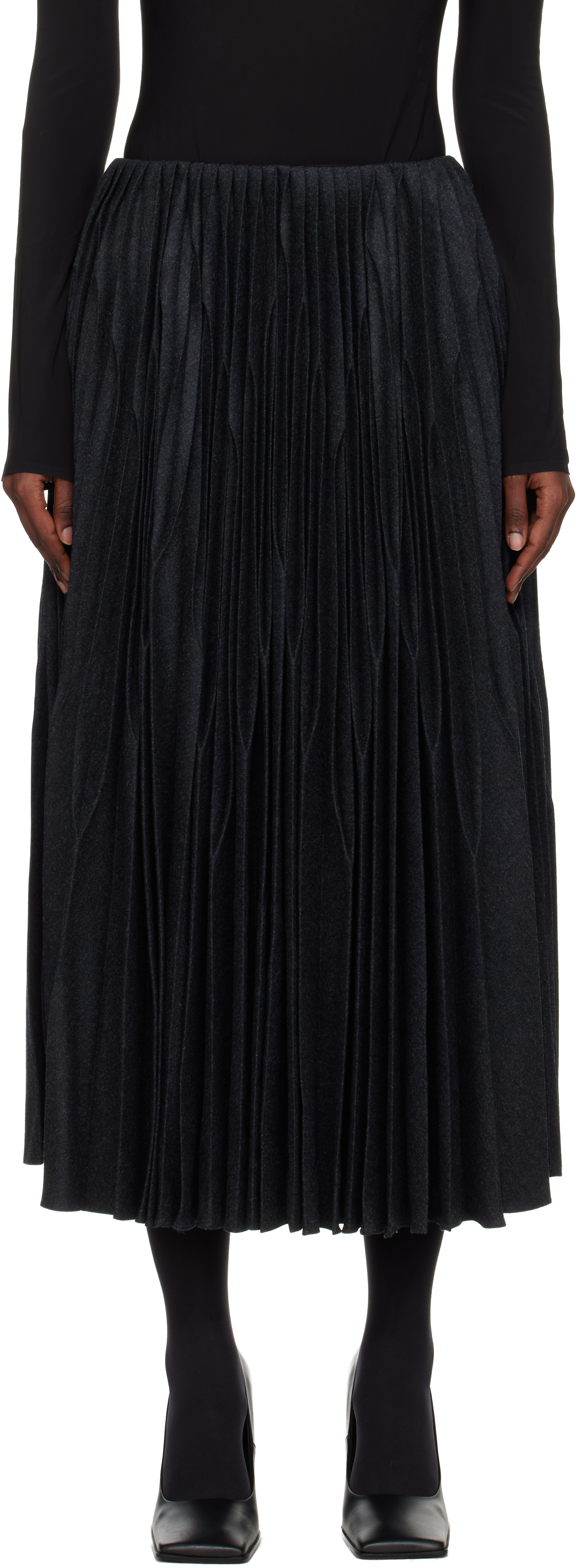 Alaïa Gray Flannel Pleated Midi Skirt In Black