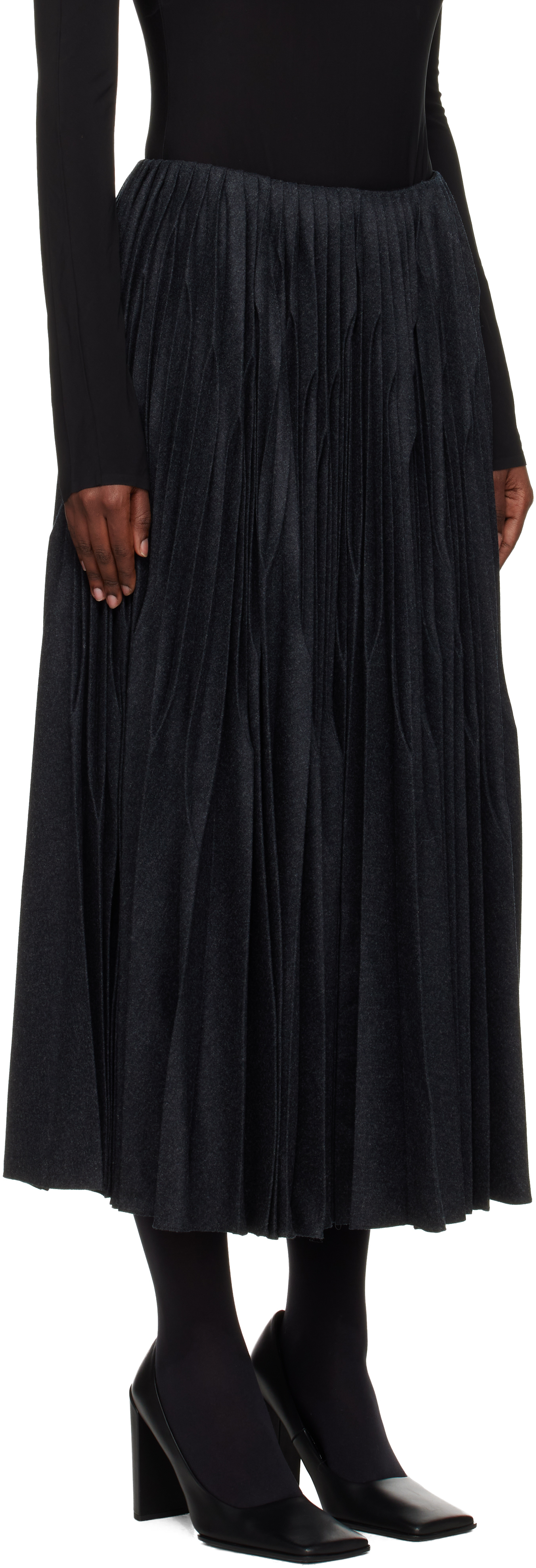 Alaïa Gray Flannel Pleated Midi Skirt In Black