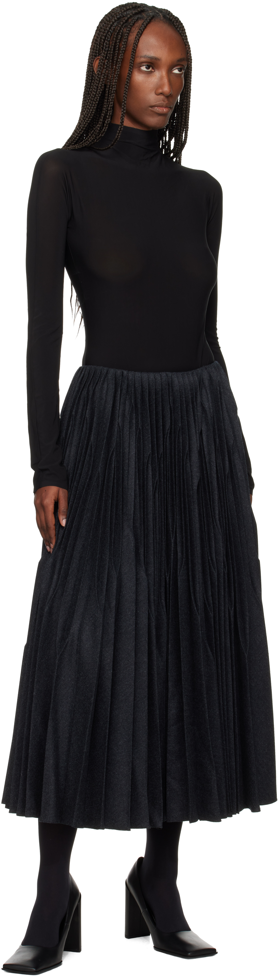 Alaïa Gray Flannel Pleated Midi Skirt In Black
