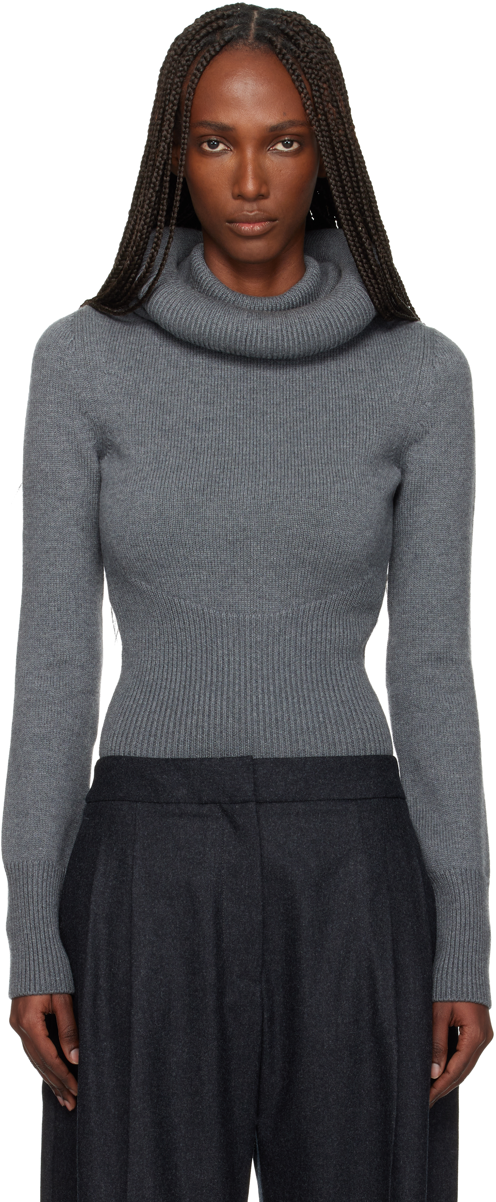ALAÏA: Gray Sculptural Hood Ribbed Knit Turtleneck | SSENSE