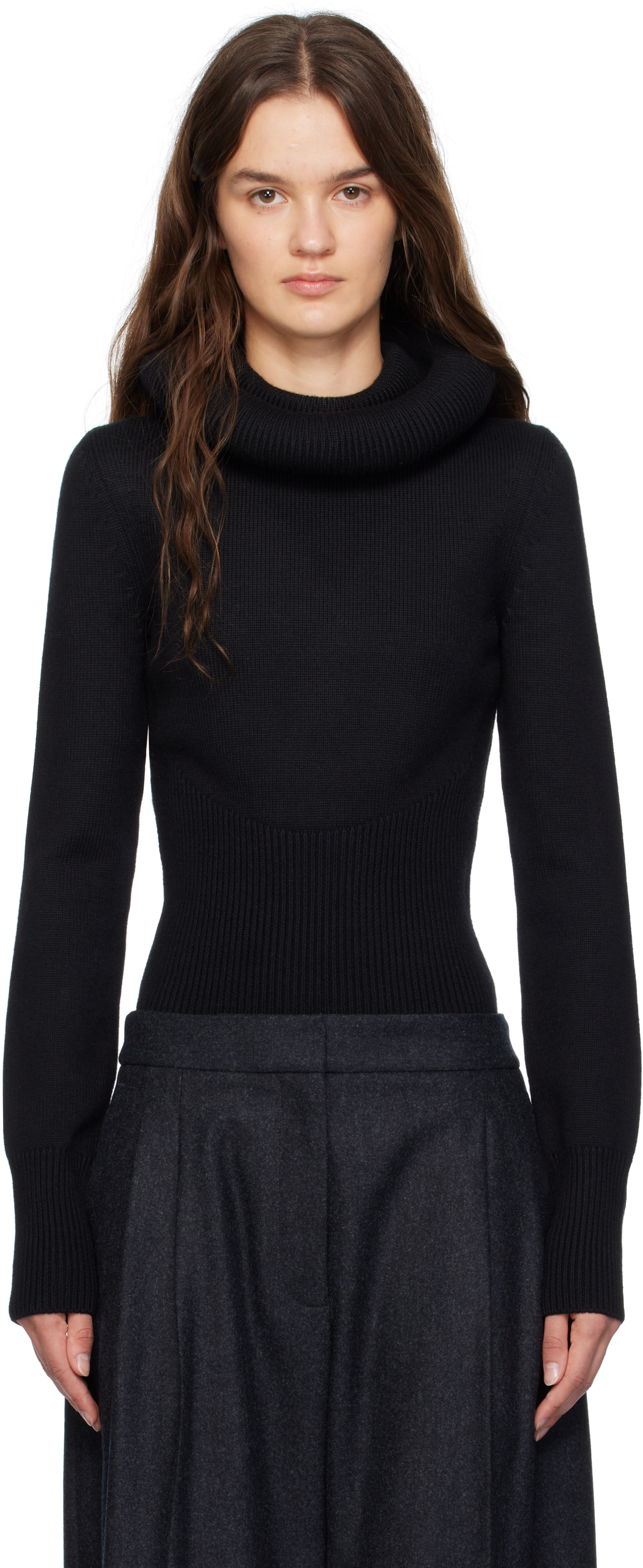 ALAÏA: Black Sculptural Hood Ribbed Knit Turtleneck | SSENSE