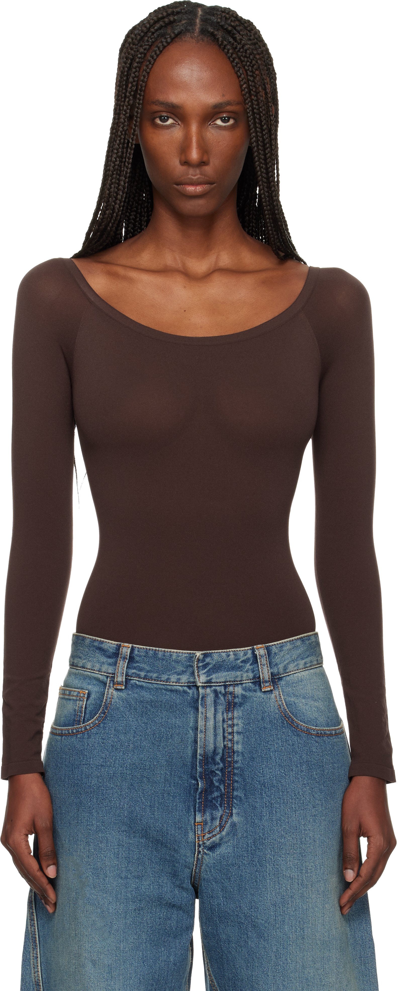 Alaïa Brown Second Skin Knit Off-shoulder Bodysuit In Multi