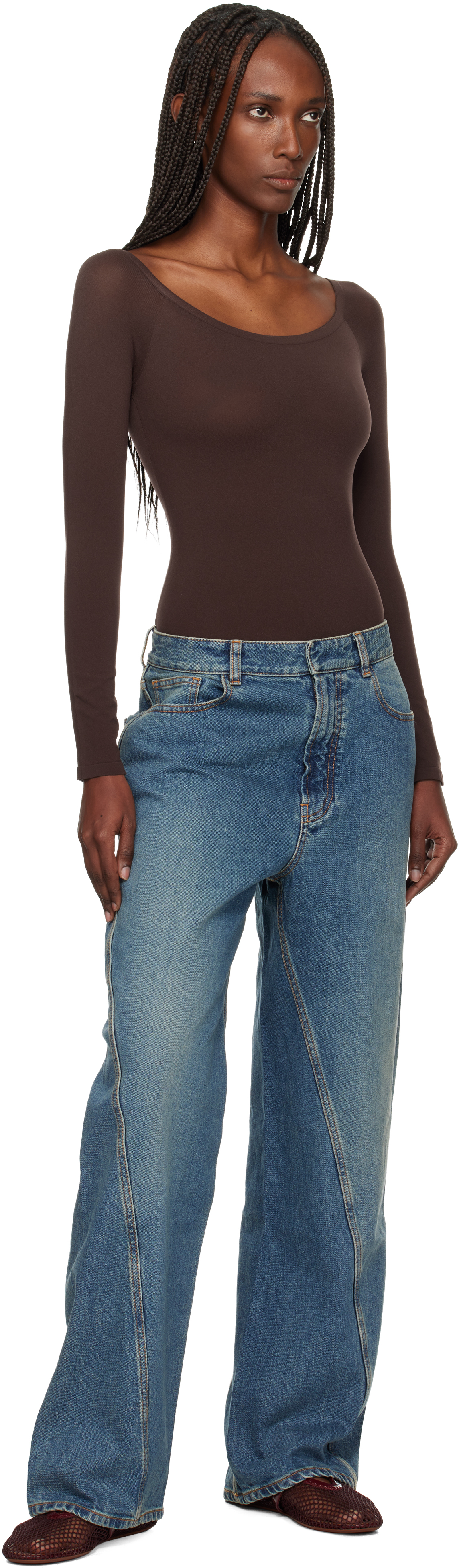 Alaïa Brown Second Skin Knit Off-shoulder Bodysuit In Multi