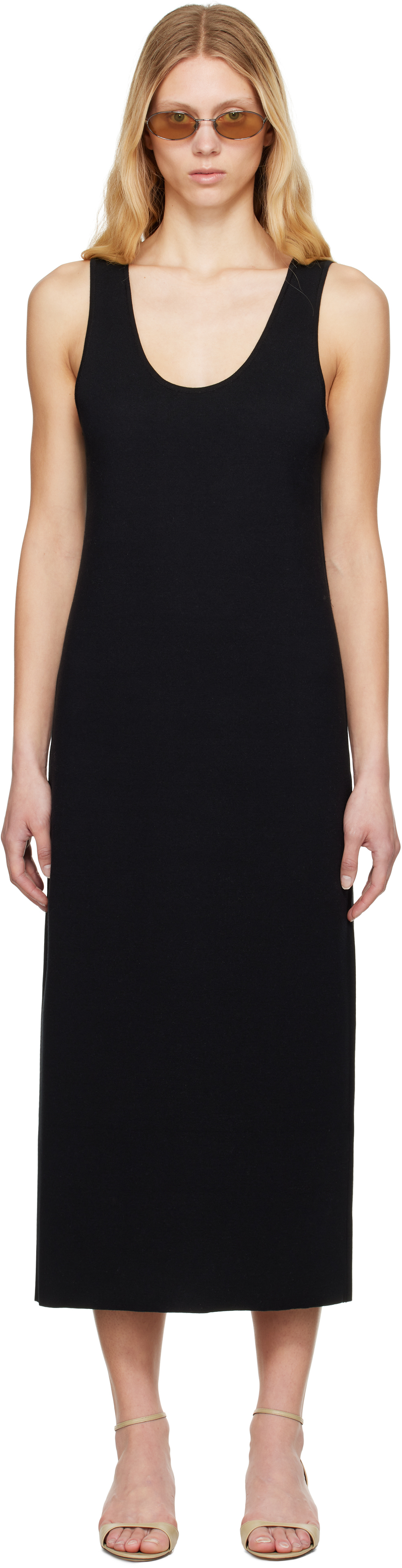 Black Cotton Silk Stretch Knit Midi Dress