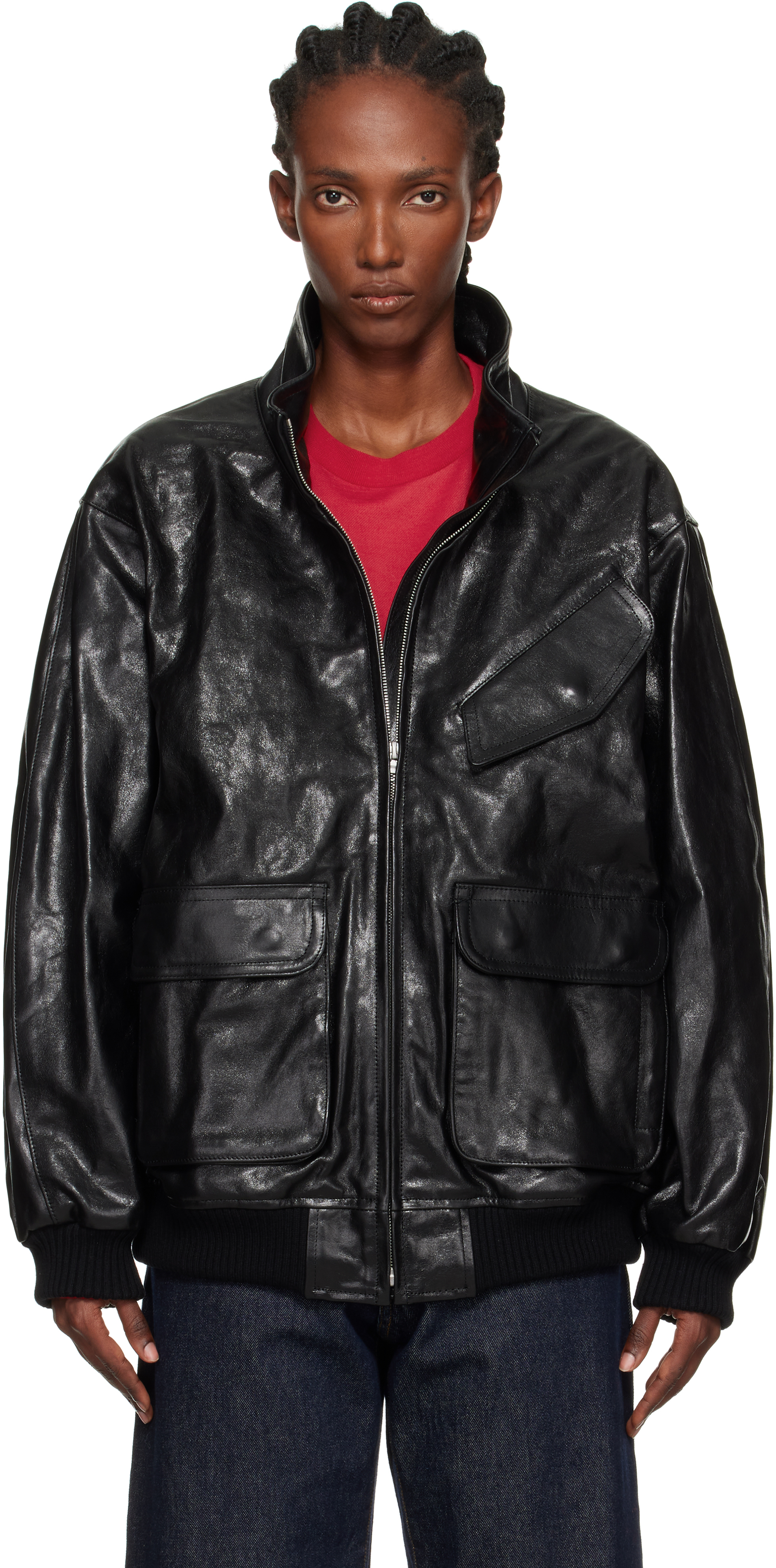 AURALEE: Black Zip Lamb Leather Jacket | SSENSE