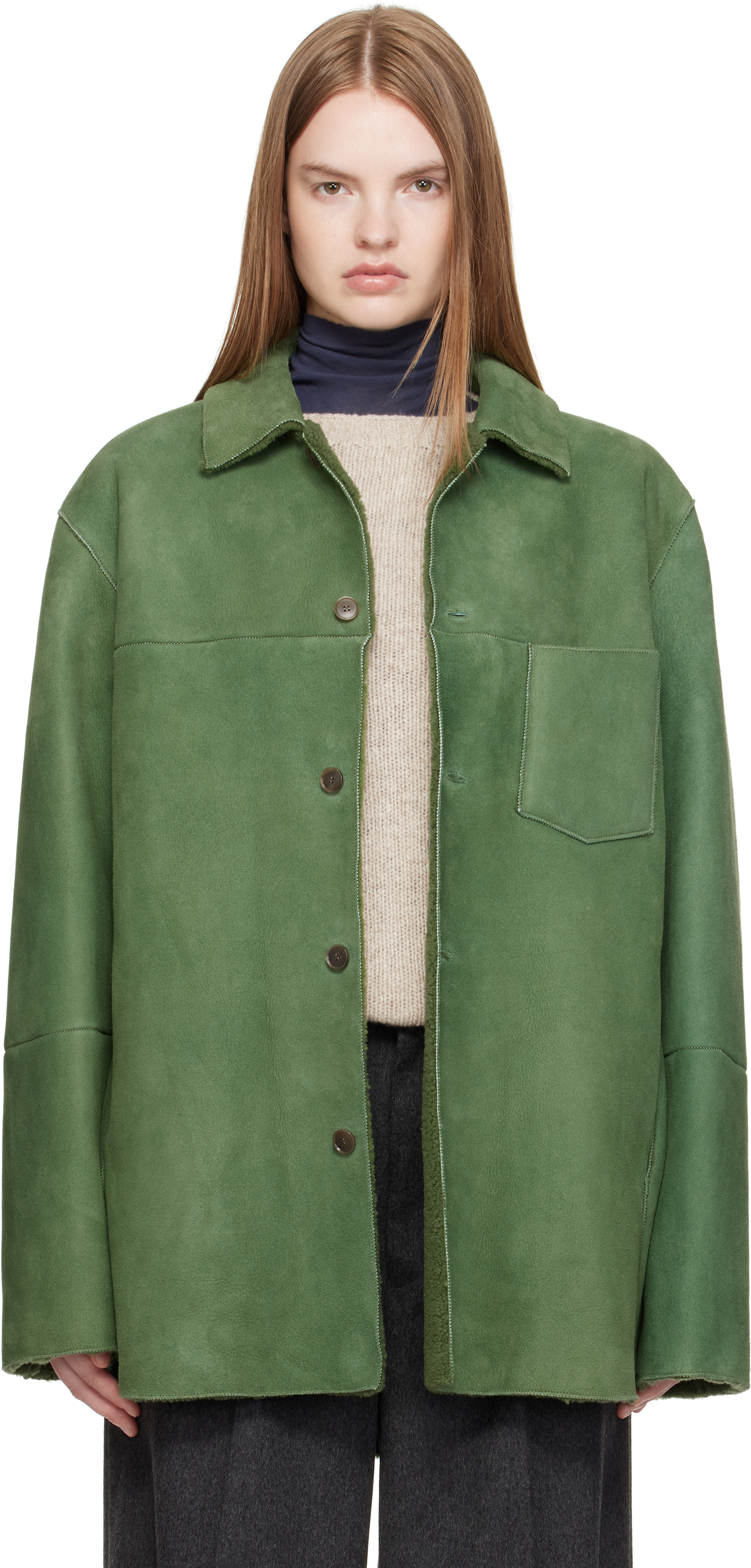 AURALEE Green Merino Mouton Shearling Shirt Jacket | Smart Closet