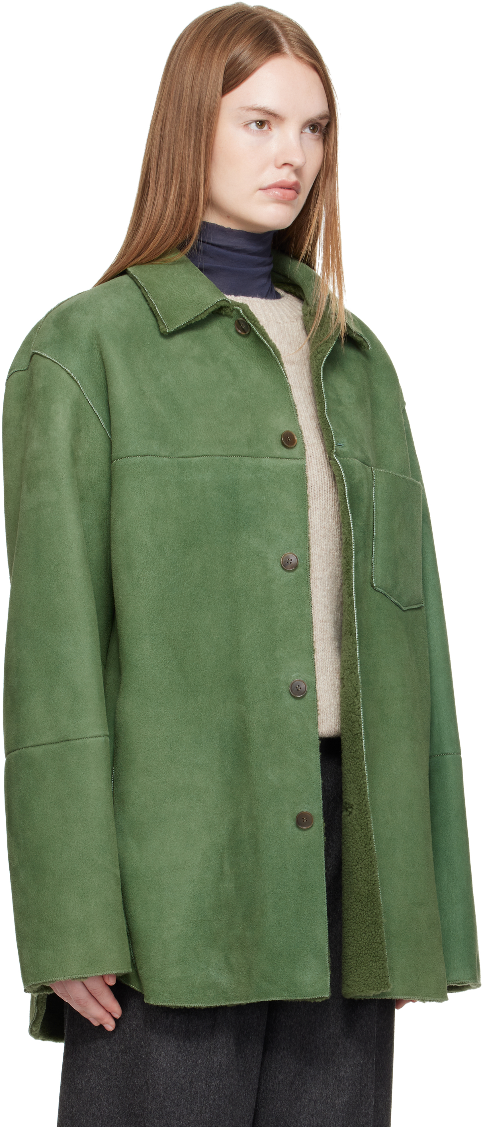 AURALEE Green Merino Mouton Shearling Shirt Jacket | Smart Closet