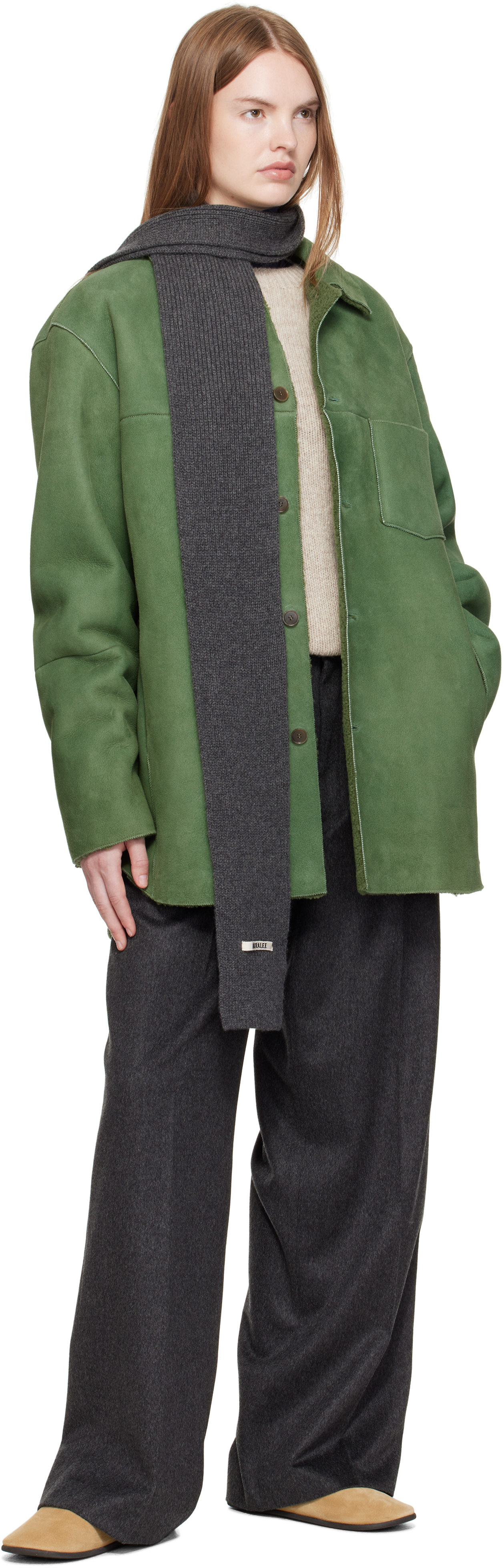 AURALEE Green Merino Mouton Shearling Shirt Jacket | Smart Closet