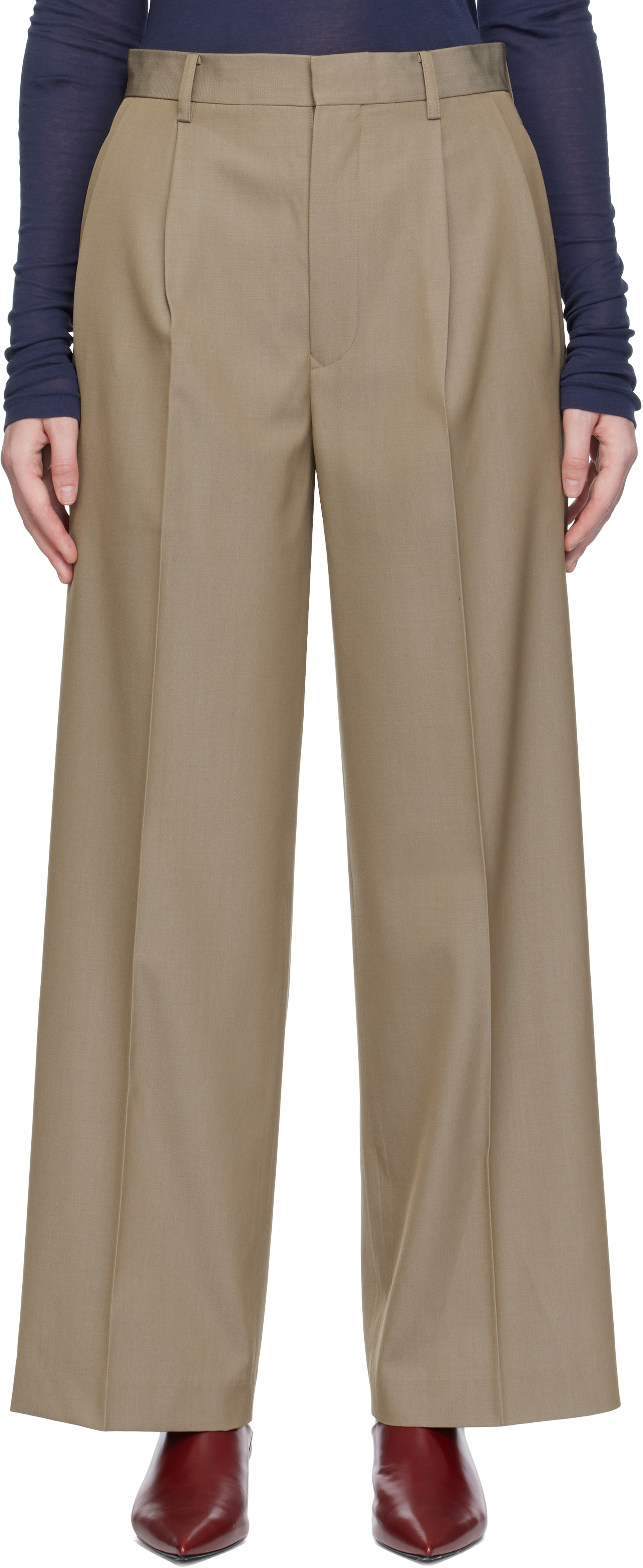 Auralee Beige Light Wool Max Gabardine Two-tuck Trousers In Green
