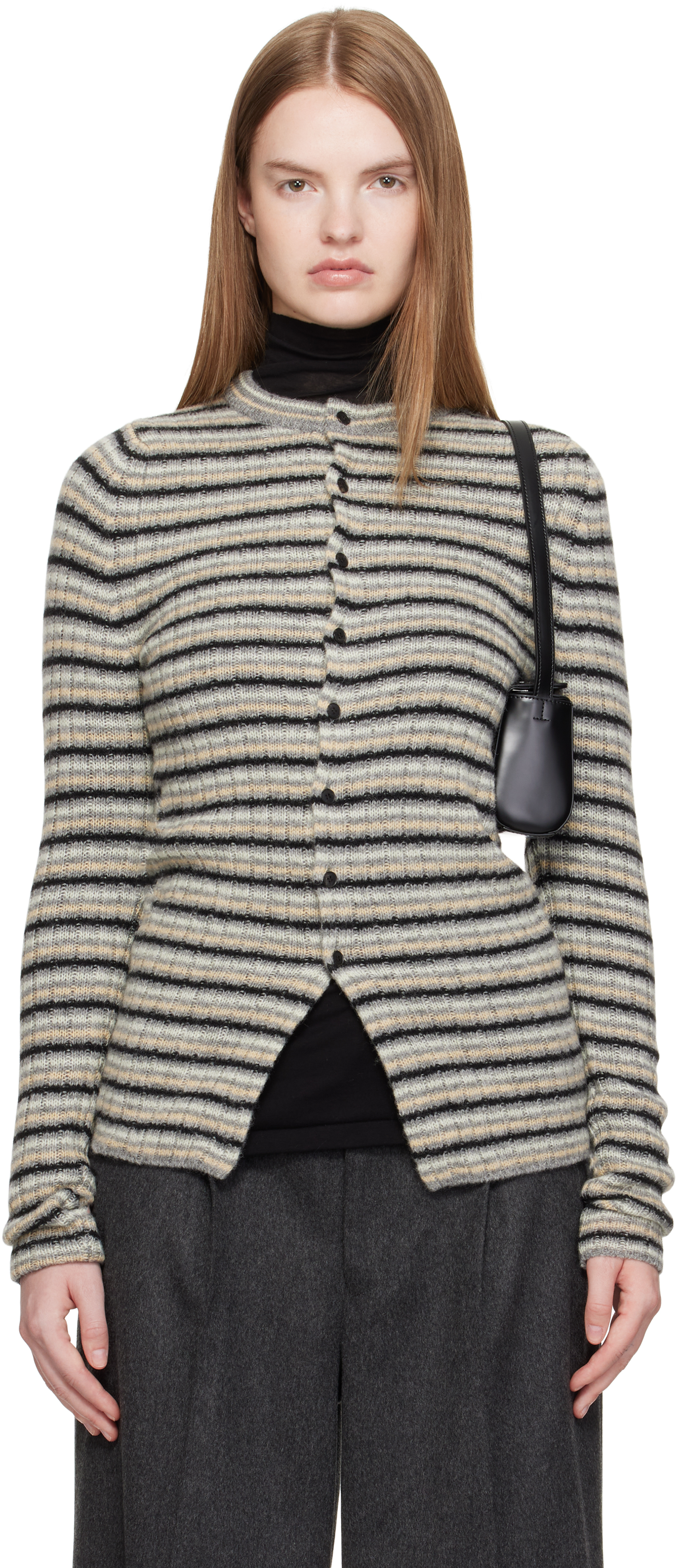 Auralee Gray Shetland Wool Cashmere Rib Knit Crew-neck Cardigan In Multi