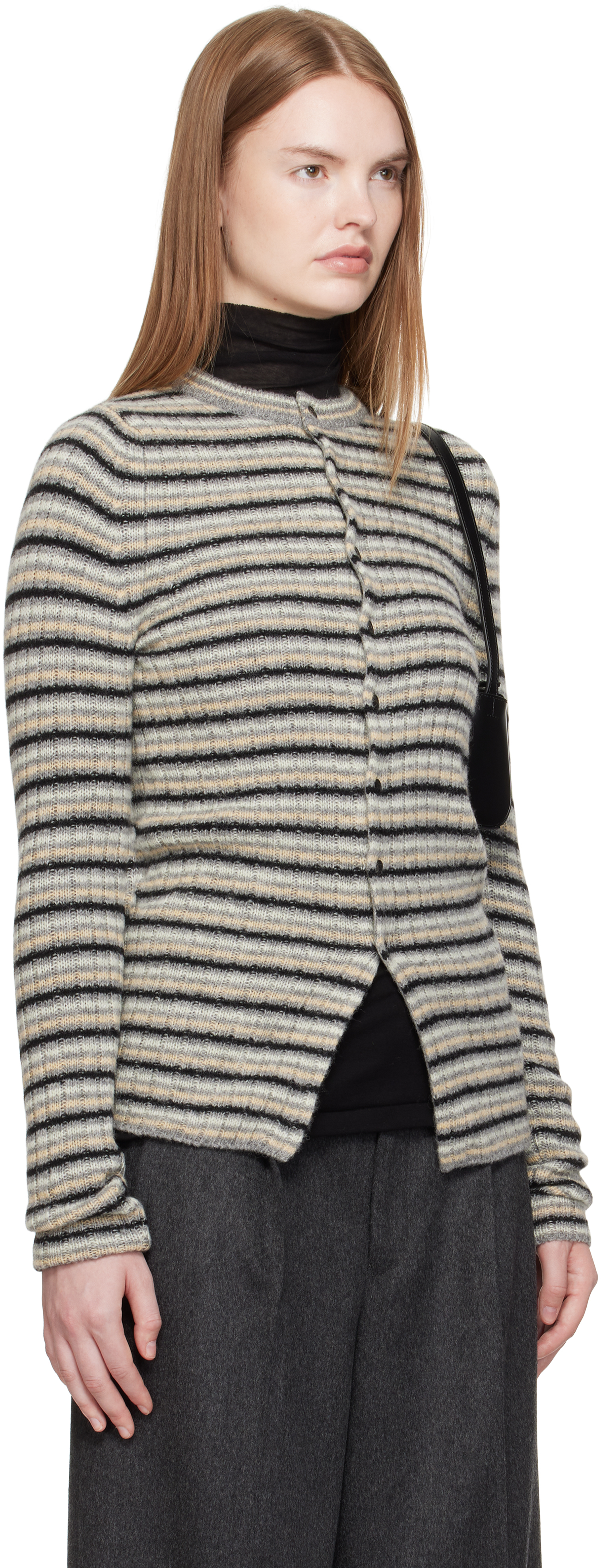 Auralee Gray Shetland Wool Cashmere Rib Knit Crew-neck Cardigan In Multi