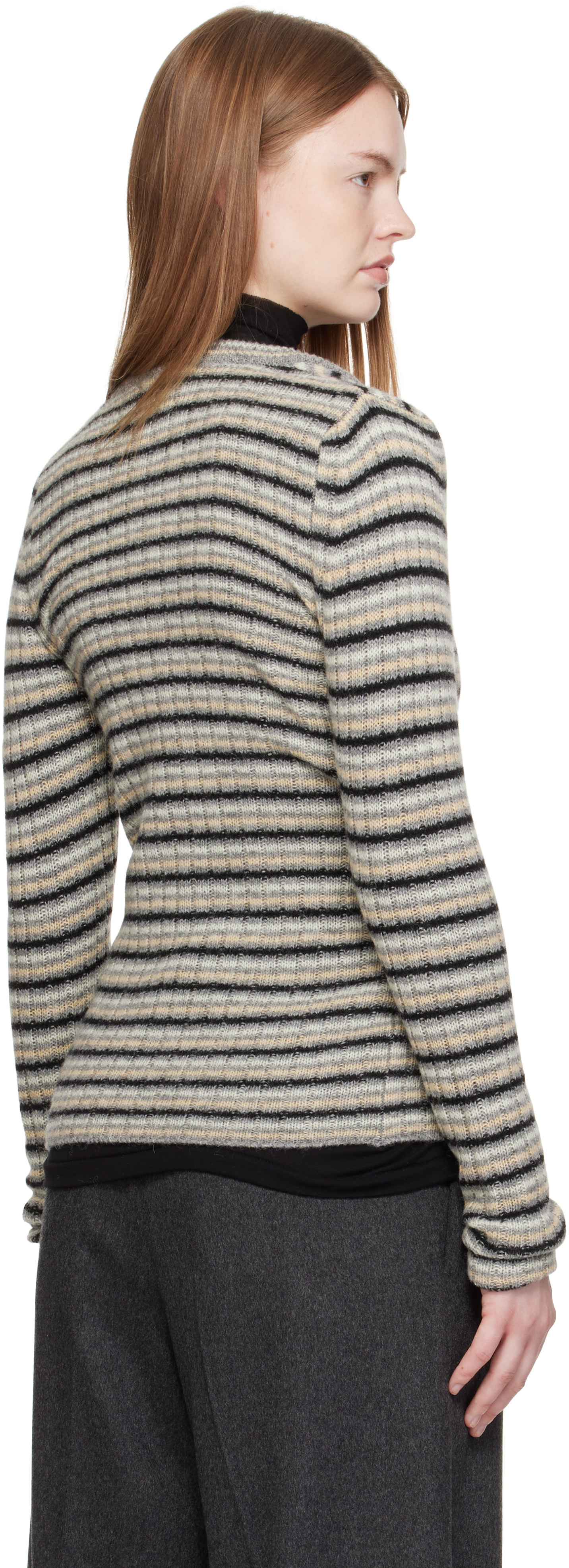 Auralee Gray Shetland Wool Cashmere Rib Knit Crew-neck Cardigan In Multi
