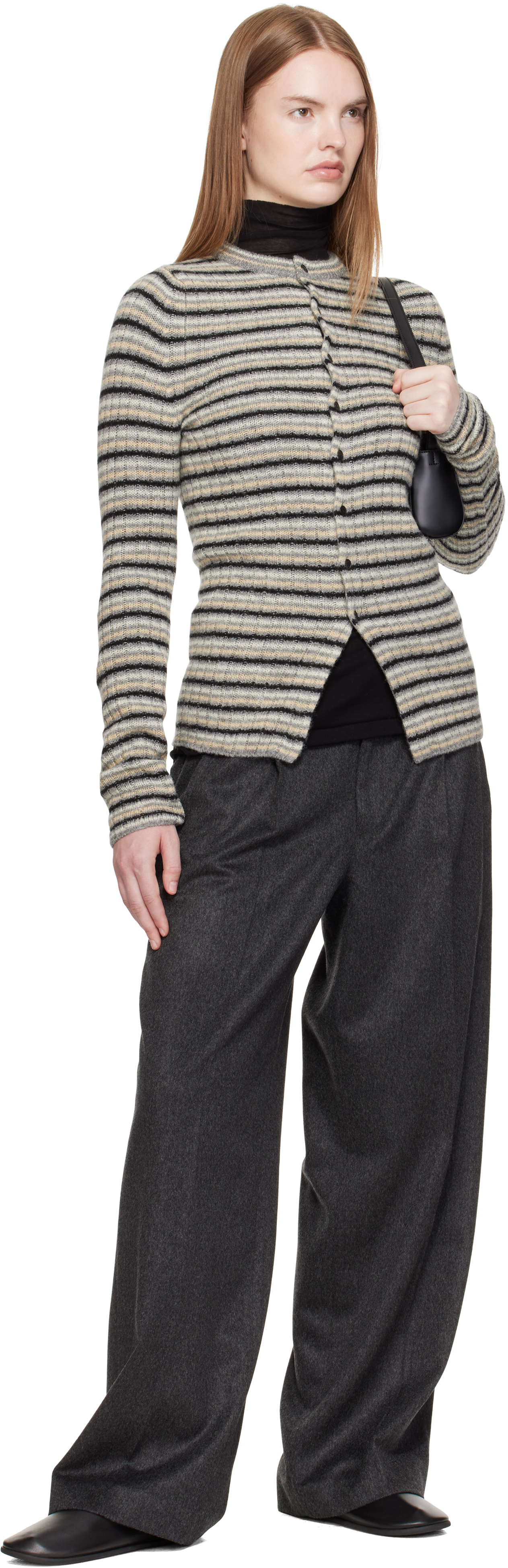 Auralee Gray Shetland Wool Cashmere Rib Knit Crew-neck Cardigan In Multi